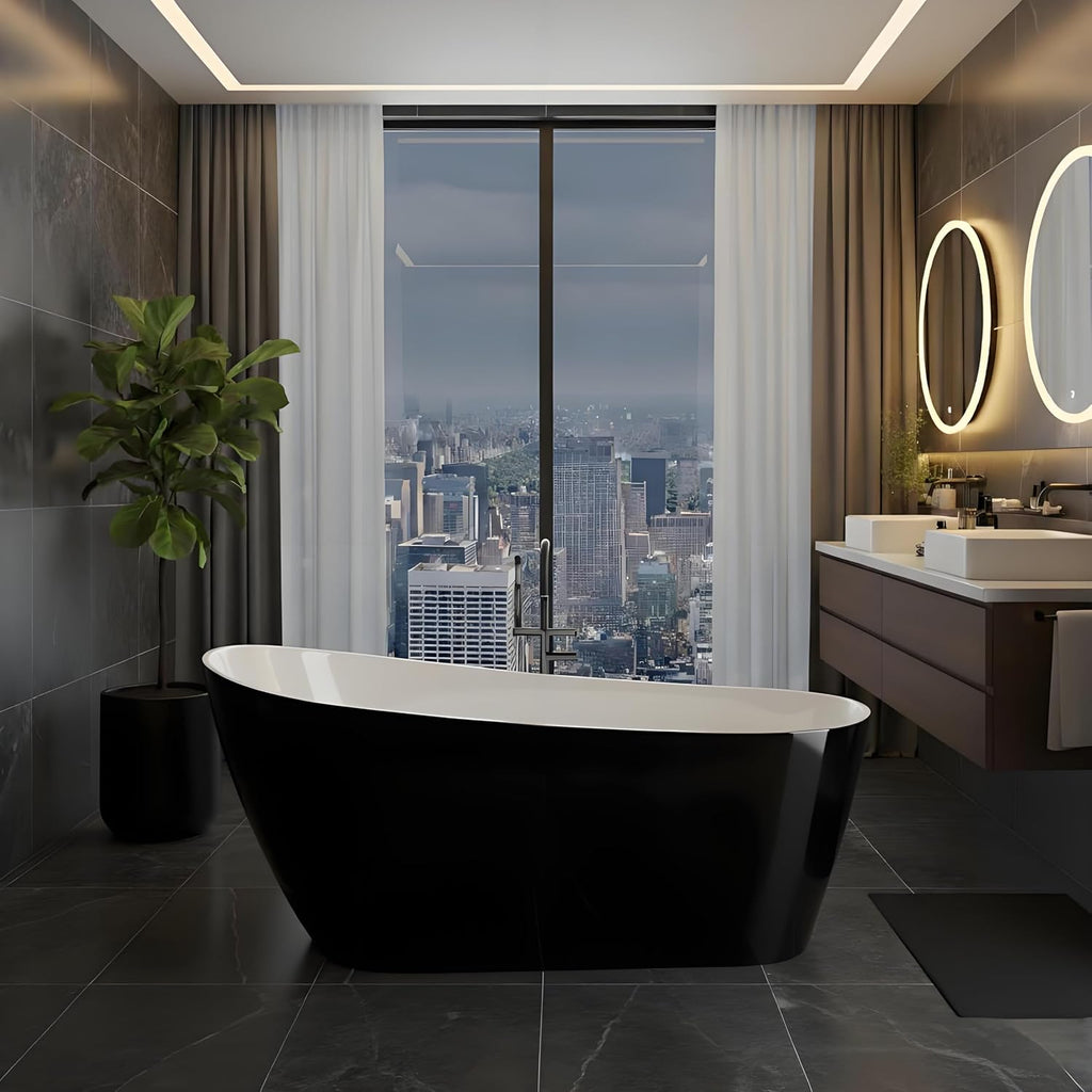 67 inch Acrylic Freestanding Bathtub, Black Exterior White Interior, Deep Soaking Tub to Relieve Fatigue & Soothe Muscles, Freestanding Tub for Bathroom