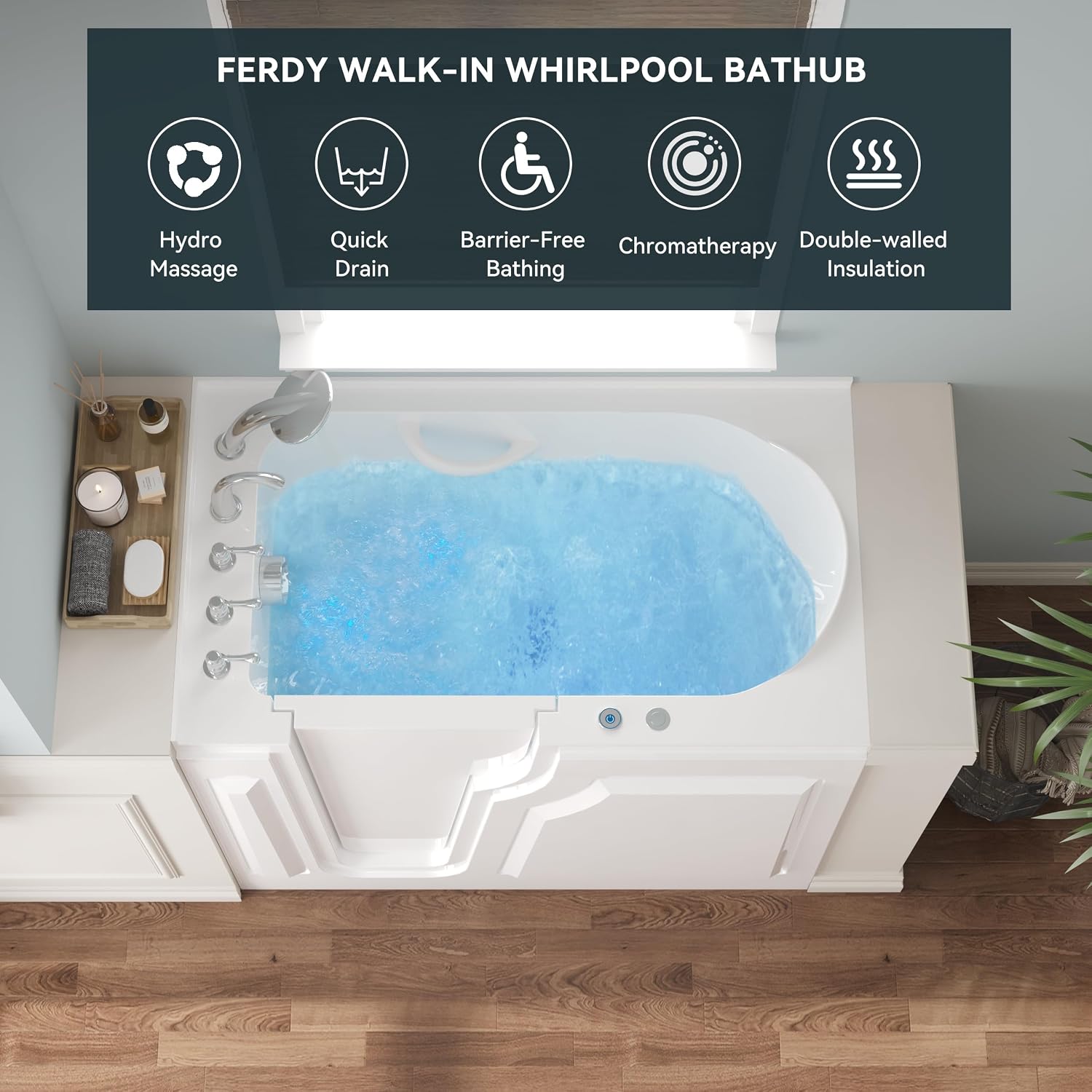 FerdY Floridian 52'x 30' Walk-in Whirlpool Bathtub with 14 Air Water SPA Jets and Left-Side Door Opening and Quick Fill and Drain System, Rectangular Soaking Bathtub in White