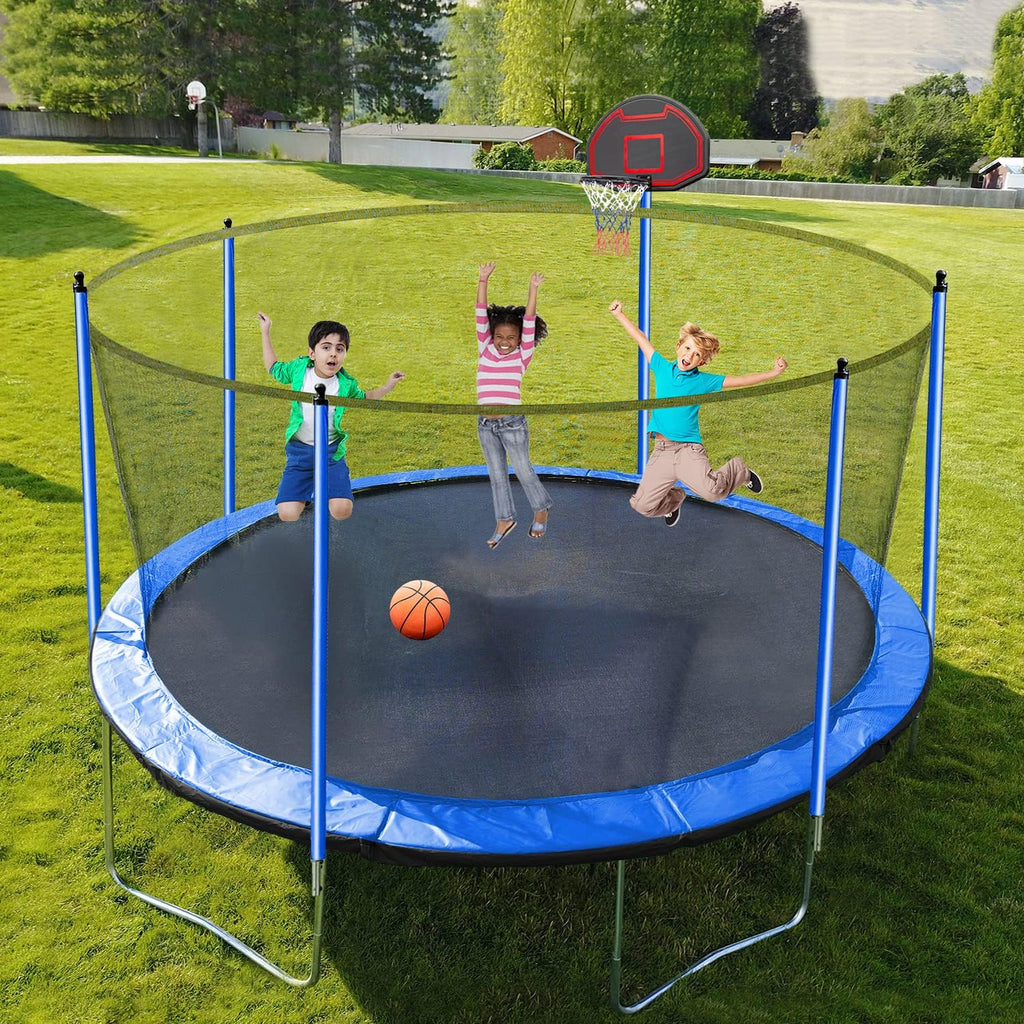 1500LBS 16FT 15FT 14FT 12 FT 10FT 8FT Tranpoline for Kids and Adults with Sprinkler, Lights with Music Speaker, Socks, Water Ball, Heavy Duty Outdoor Tranpoline with Net Enclosure and Ladder