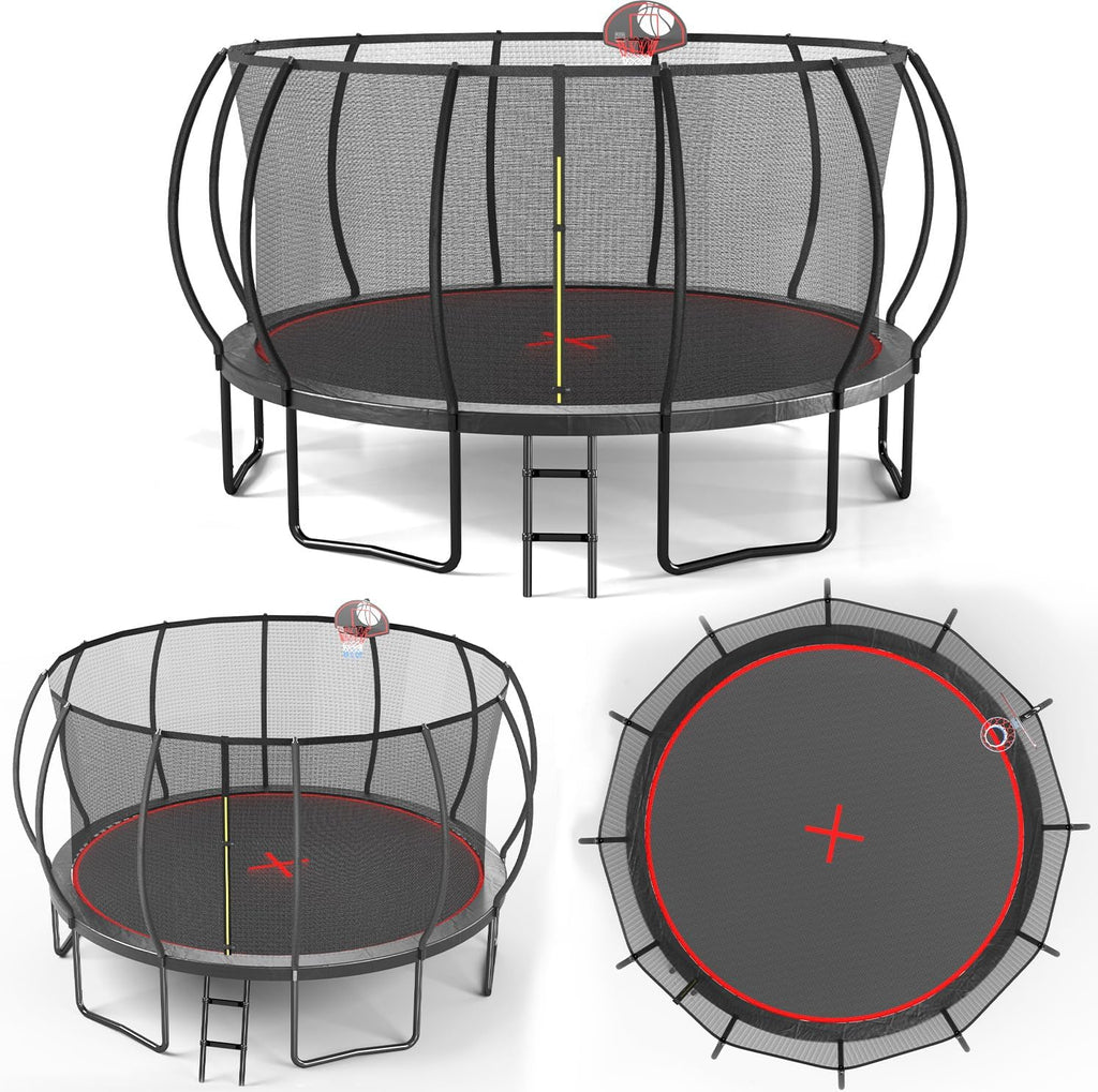 1500LBS 16FT 15FT 14FT 12 FT 10FT 8FT Tranpoline for Kids and Adults with Sprinkler, Lights with Music Speaker, Socks, Water Ball, Heavy Duty Outdoor Tranpoline with Net Enclosure and Ladder