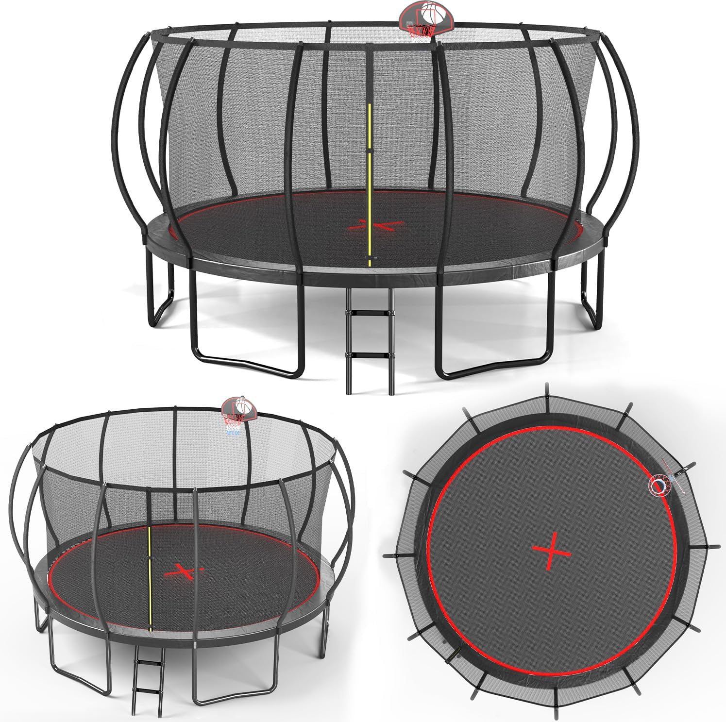 1500LBS 16FT 15FT 14FT 12 FT 10FT 8FT Tranpoline for Kids and Adults with Sprinkler, Lights with Music Speaker, Socks, Water Ball, Heavy Duty Outdoor Tranpoline with Net Enclosure and Ladder