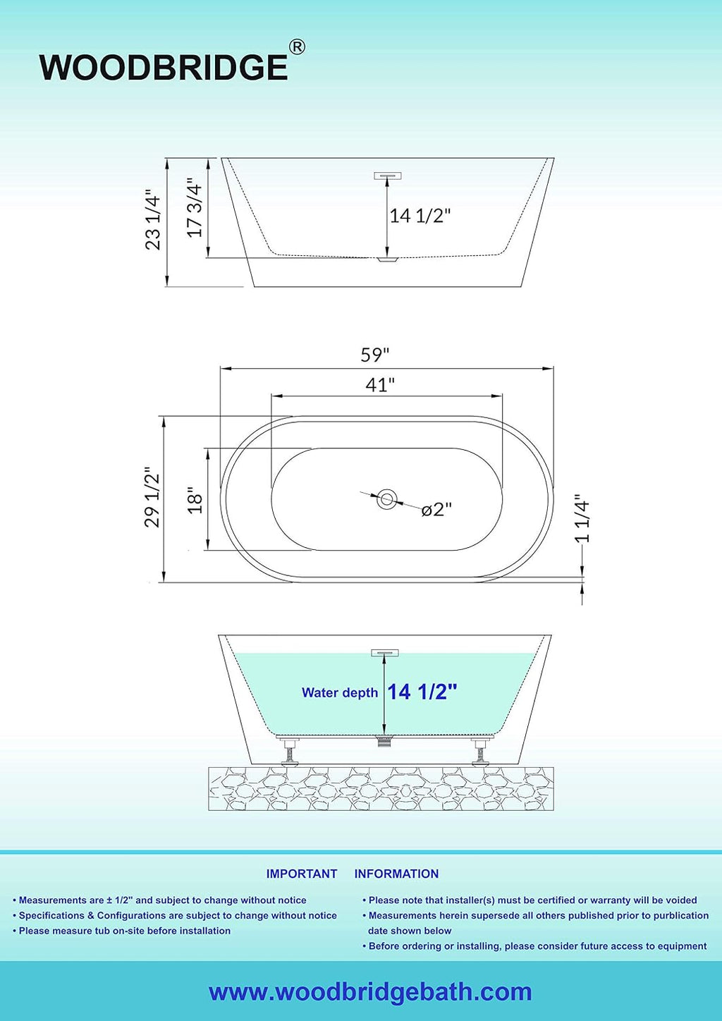 WOODBRIDGE 59' Acrylic Freestanding Bathtub Contemporary Soaking White Tub with Brushed Nickel Overflow and Drain,B0014 -B/N-Drain &O