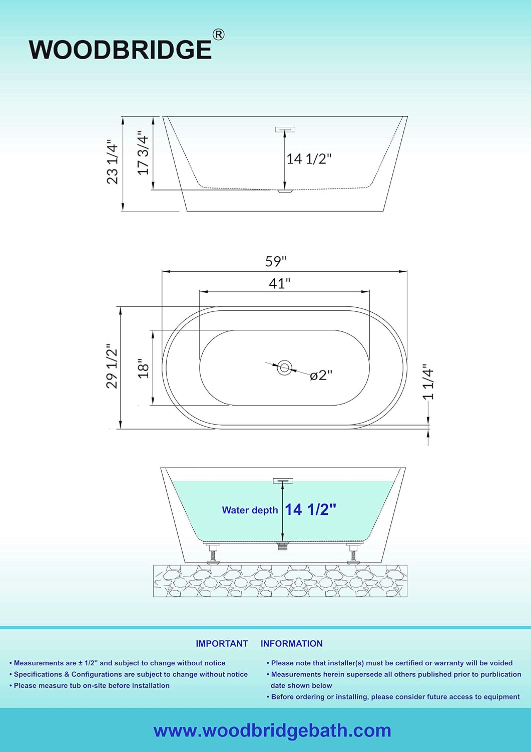 WOODBRIDGE 59' Acrylic Freestanding Bathtub Contemporary Soaking White Tub with Brushed Nickel Overflow and Drain,B0014 -B/N-Drain &O