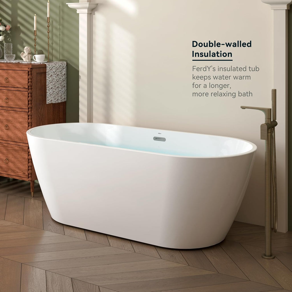 FerdY Nauru 67' Acrylic Freestanding Bathtub with Headrest, Ergonomic Lightweight Classic Oval Soaking Bathtub with Toe-Tap Chrome Drain, Classic Slotted Overflow, Bath Pillow Glossy White