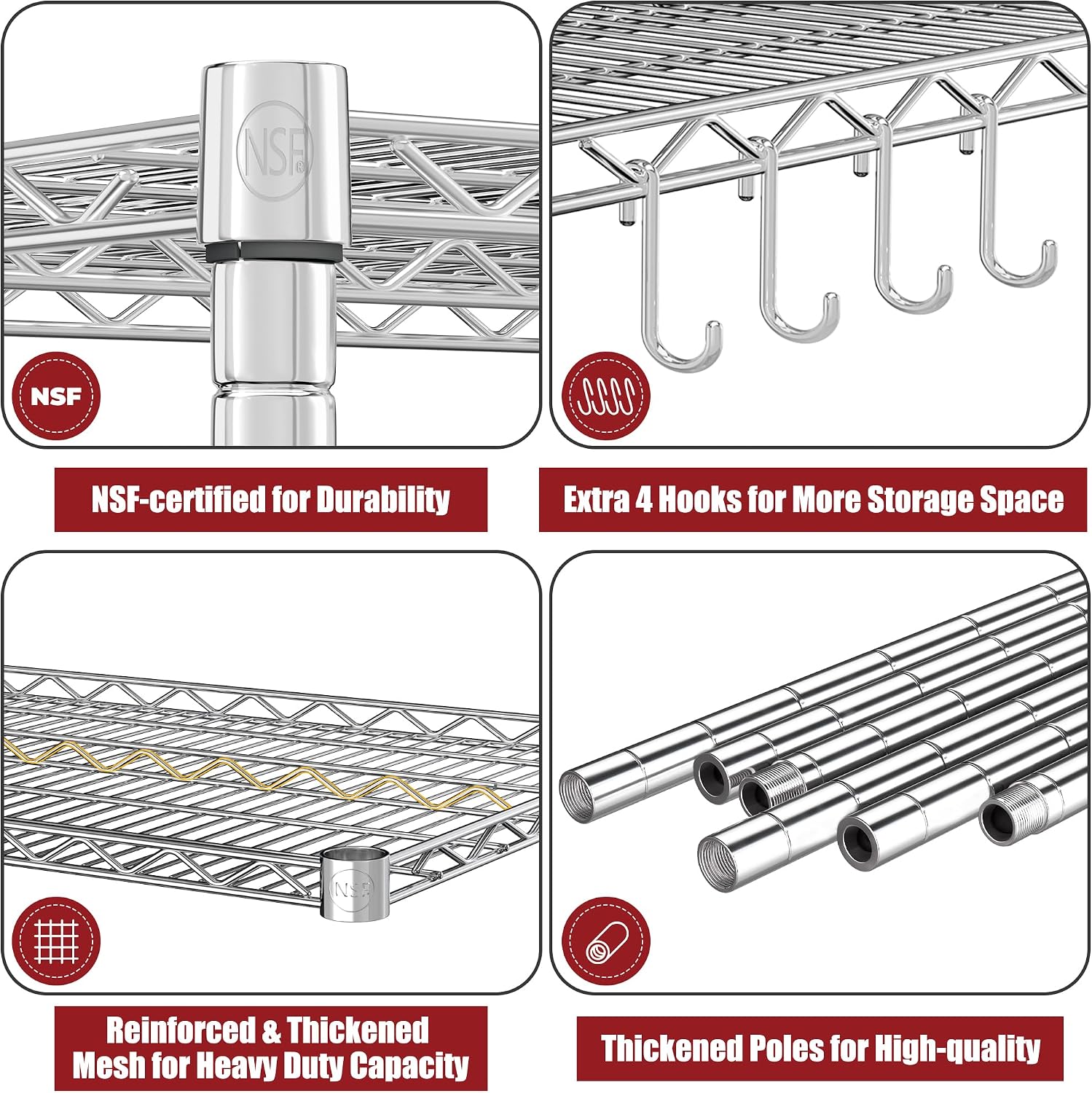 PrimeZone 4 Tier 55.5' Wx24 Dx76 H Wire Shelving with Wheels 2400lbs NSF Certified Storage Shelves Heavy Duty Metal Shelf Adjustable Rolling Rack Commercial Garage Restaurant Warehouse Kitchen Chrome