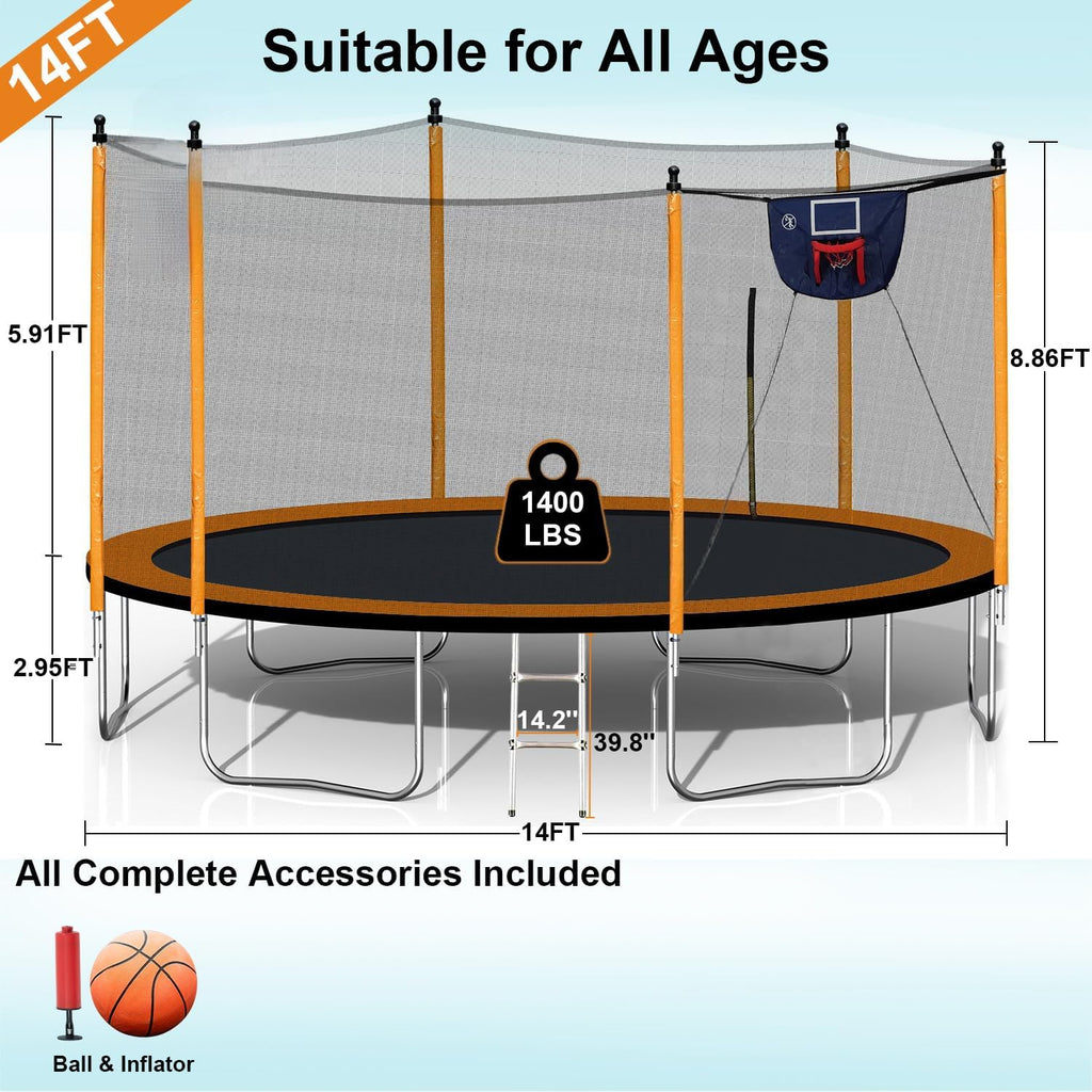 1500LBS 16FT 15FT 14FT 12 FT 10FT 8FT Tranpoline for Kids and Adults with Sprinkler, Lights with Music Speaker, Socks, Water Ball, Heavy Duty Outdoor Tranpoline with Net Enclosure and Ladder