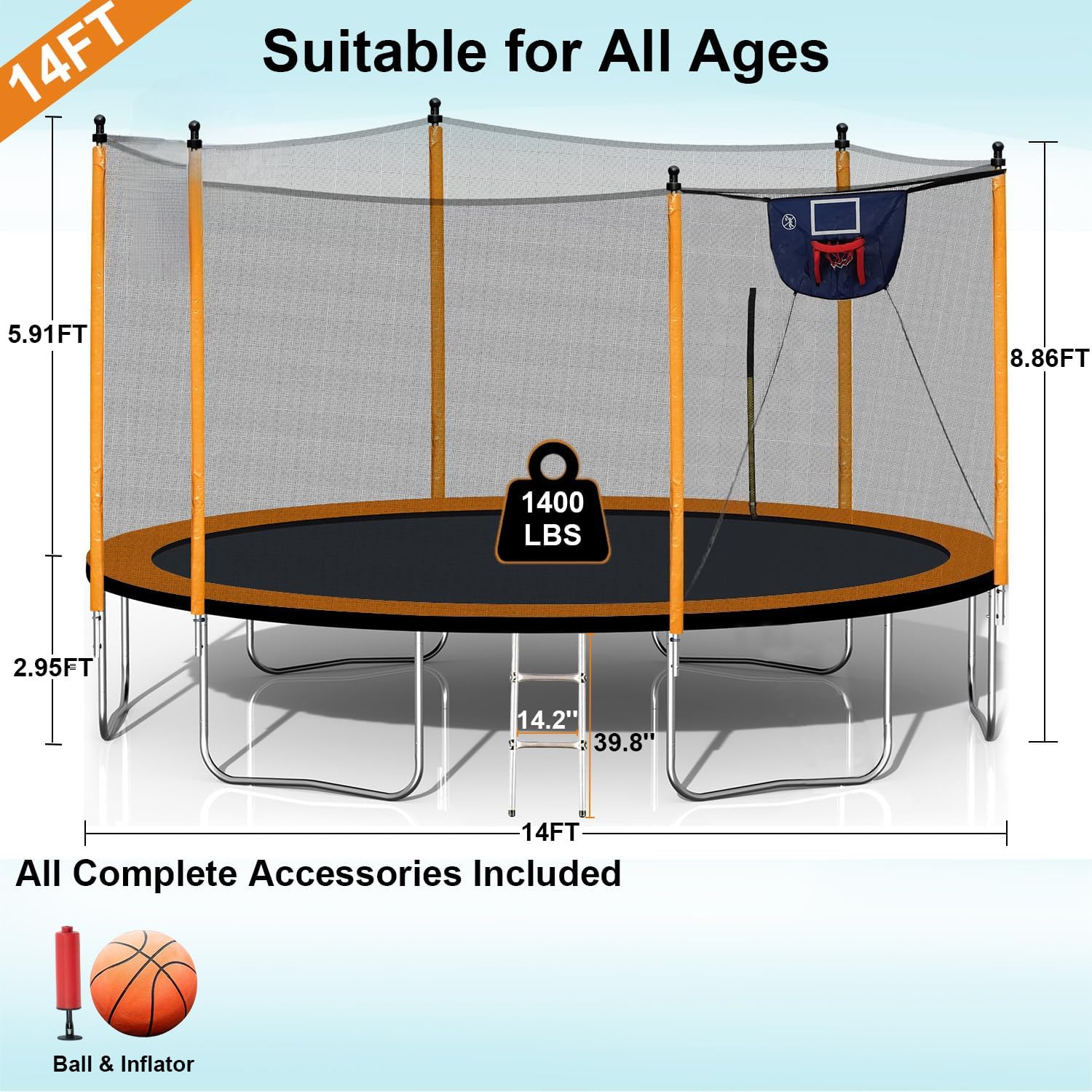 1500LBS 16FT 15FT 14FT 12 FT 10FT 8FT Tranpoline for Kids and Adults with Sprinkler, Lights with Music Speaker, Socks, Water Ball, Heavy Duty Outdoor Tranpoline with Net Enclosure and Ladder