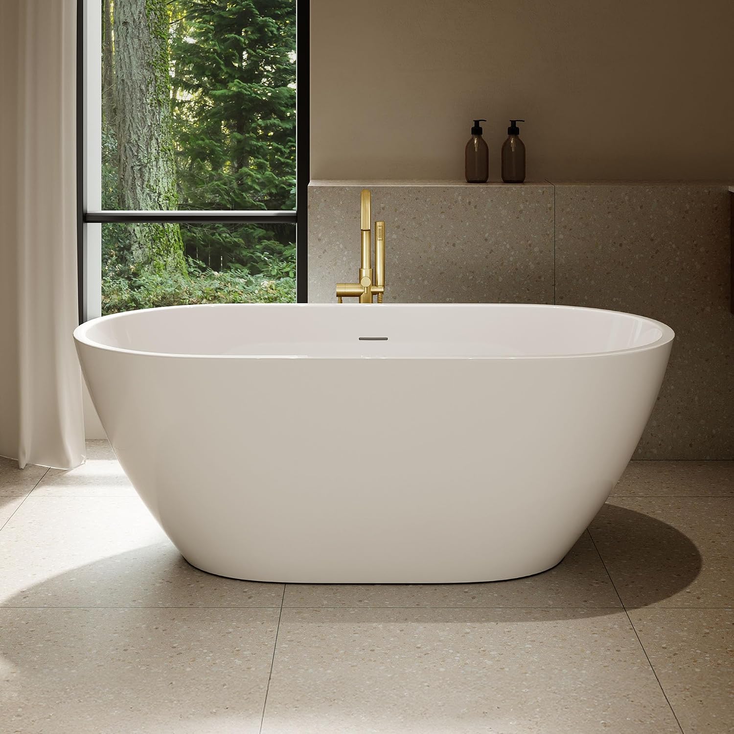 OVE Decors Ayago 59 in. Solid Surface Freestanding White Acrylic Soaking Bathtub, with Overflow and Brushed Gold Pop-up Drain