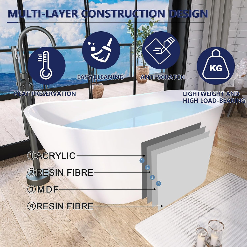 59' Acrylic Free Standing Tub, Stand Alone Tub, Freestanding Bathtub, Soaking Bathtub, cUPC Certified, CM(Glossy White)