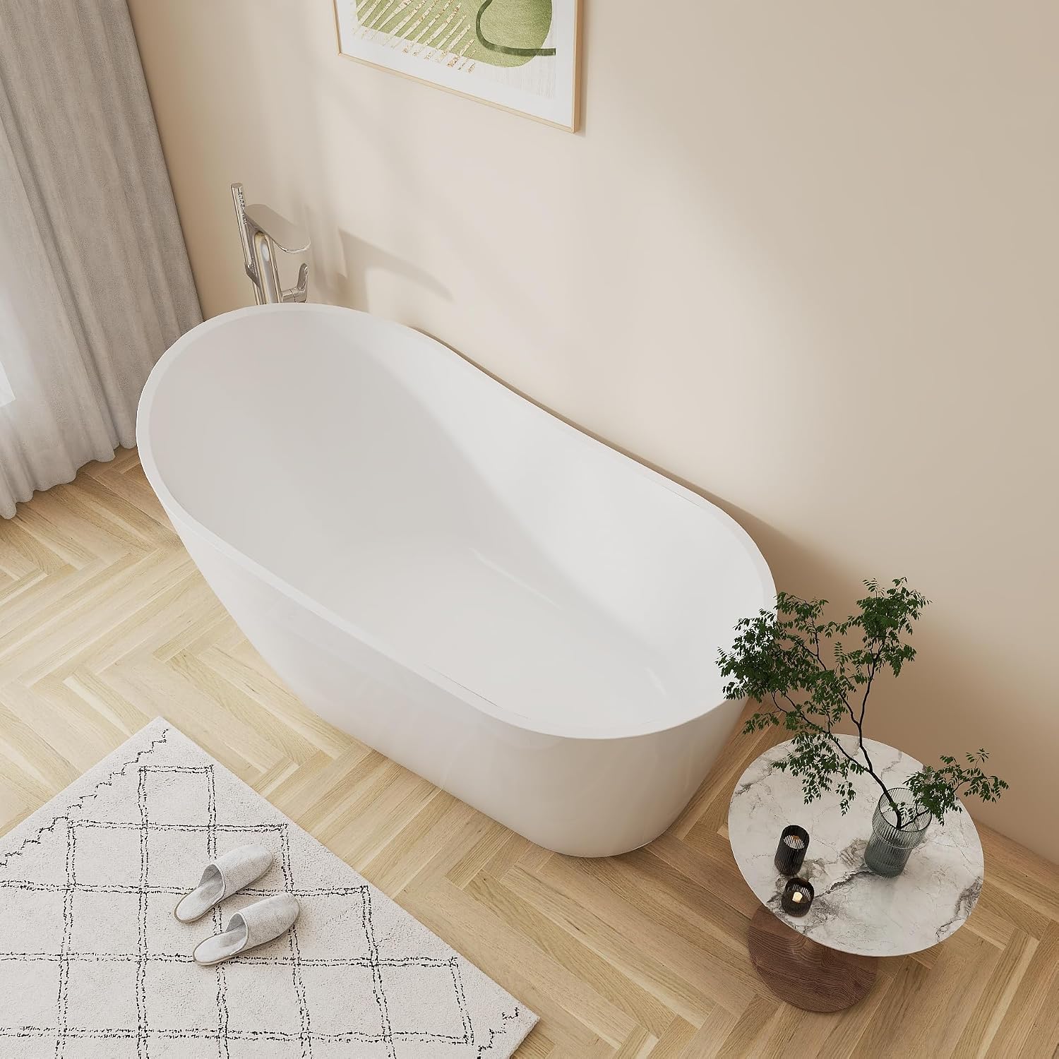 67'' Freestanding White Acrylic Bathtub, Oval Soaking Tub | Oval White Acrylic Freestanding Soaking Tub with Chrome Drain & 4 Adjustable Leveling Feet, No Overflow Cover & Drain Pipe