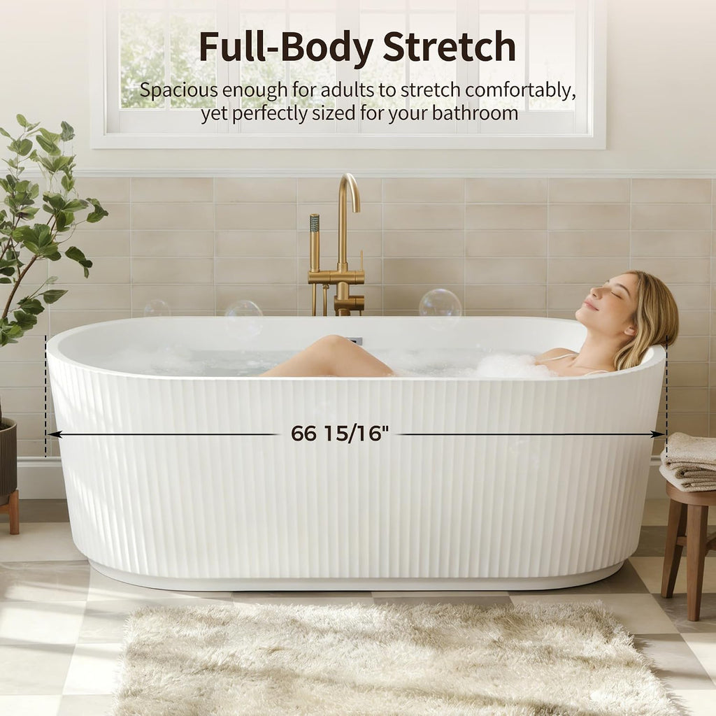 DeerValley 67' Acrylic Freestanding Bathtub, Easy Install Standalone Deep Soaking Tub with Fluted Design, Modern Ergonomic Shower Tub with Center Drain in White, DV-1T0583
