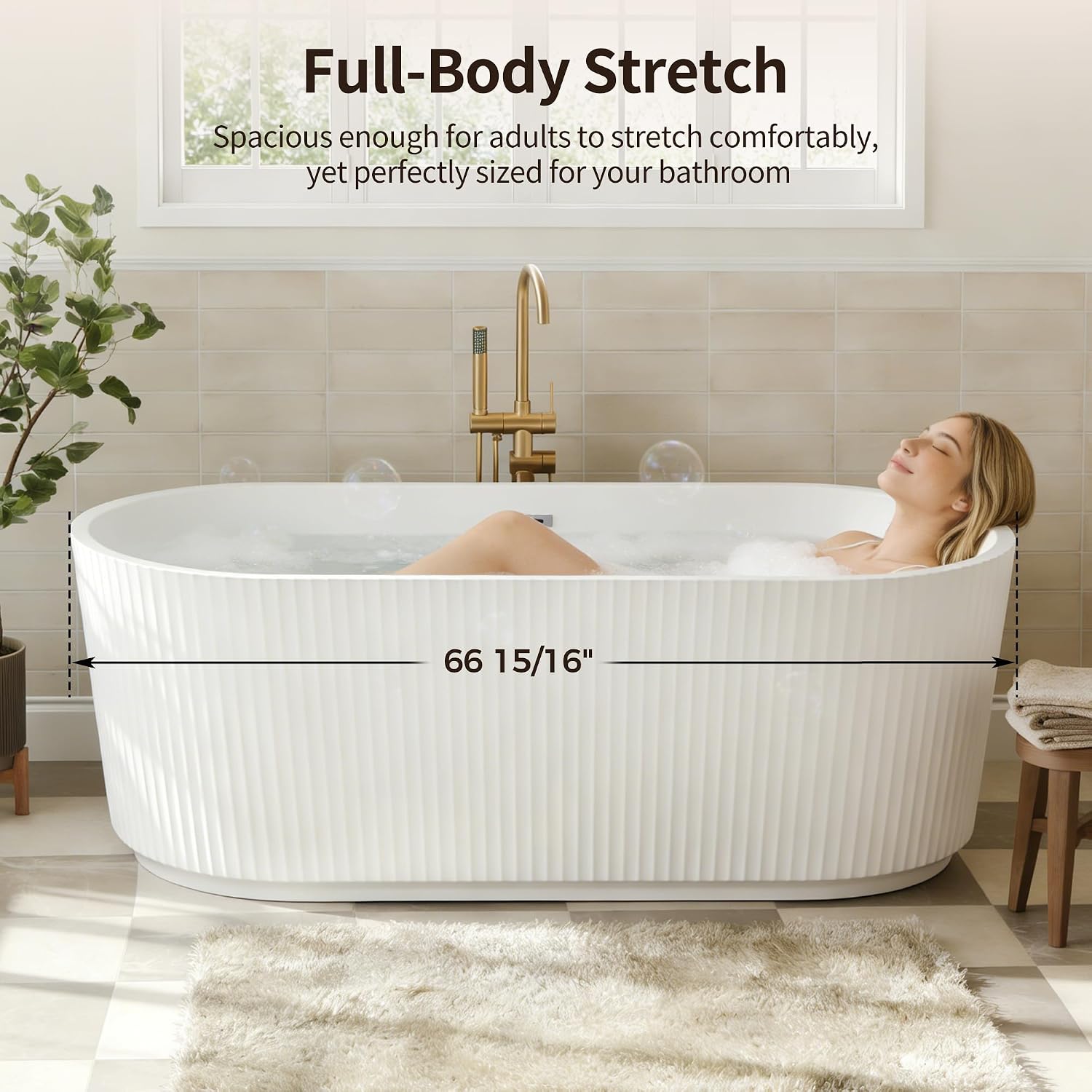 DeerValley 67' Acrylic Freestanding Bathtub, Easy Install Standalone Deep Soaking Tub with Fluted Design, Modern Ergonomic Shower Tub with Center Drain in White, DV-1T0583