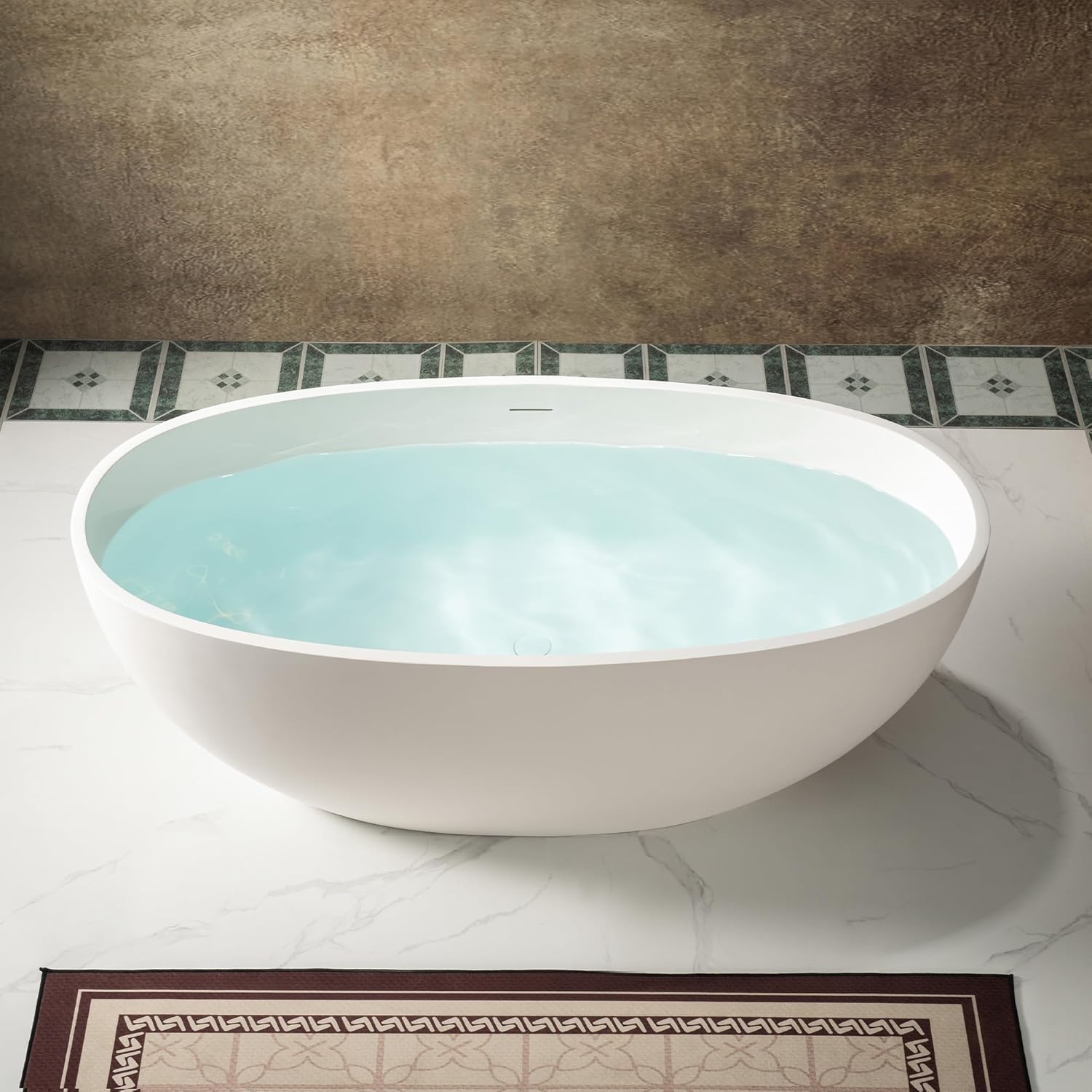 WOODBRIDGE 59' Stone Resin Freestanding Soaking Tub, Modern Oval Solid Surface Bathtub with Integrated Slotted Overflow & Drain, Matte White, B0055