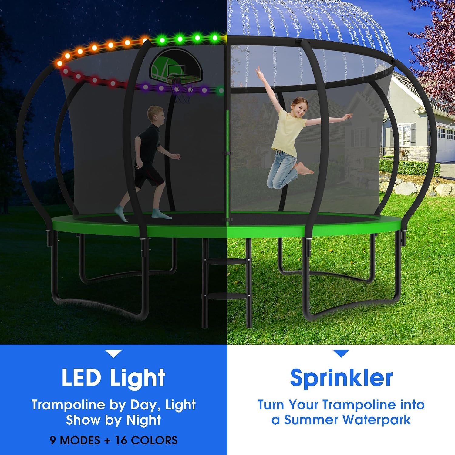 YORIN Outdoor Backyard Bouncer with Basketball Hoop, Light and Sprinkler, Heavy Duty Jumping Set for Kids & Adults, 10FT 12FT 14FT 15FT 16FT, 1500LBS Capacity, ASTM Certified, Galvanized Steel Frame