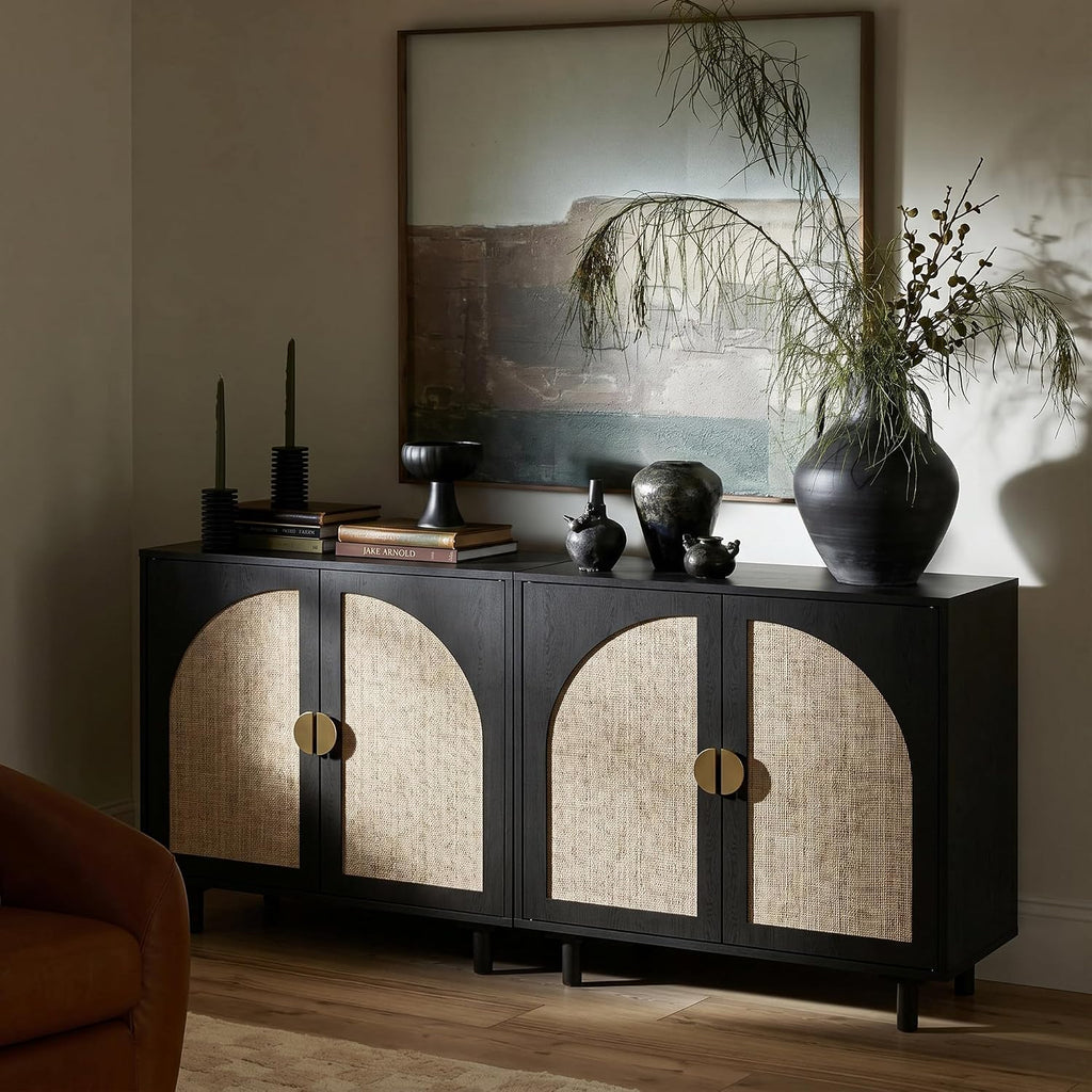 Modern Rattan Storage Sideboard Cabinet, Black Wood Buffet with Magnetic Latch, Adjustable Shelf. [2Pcs, Black]