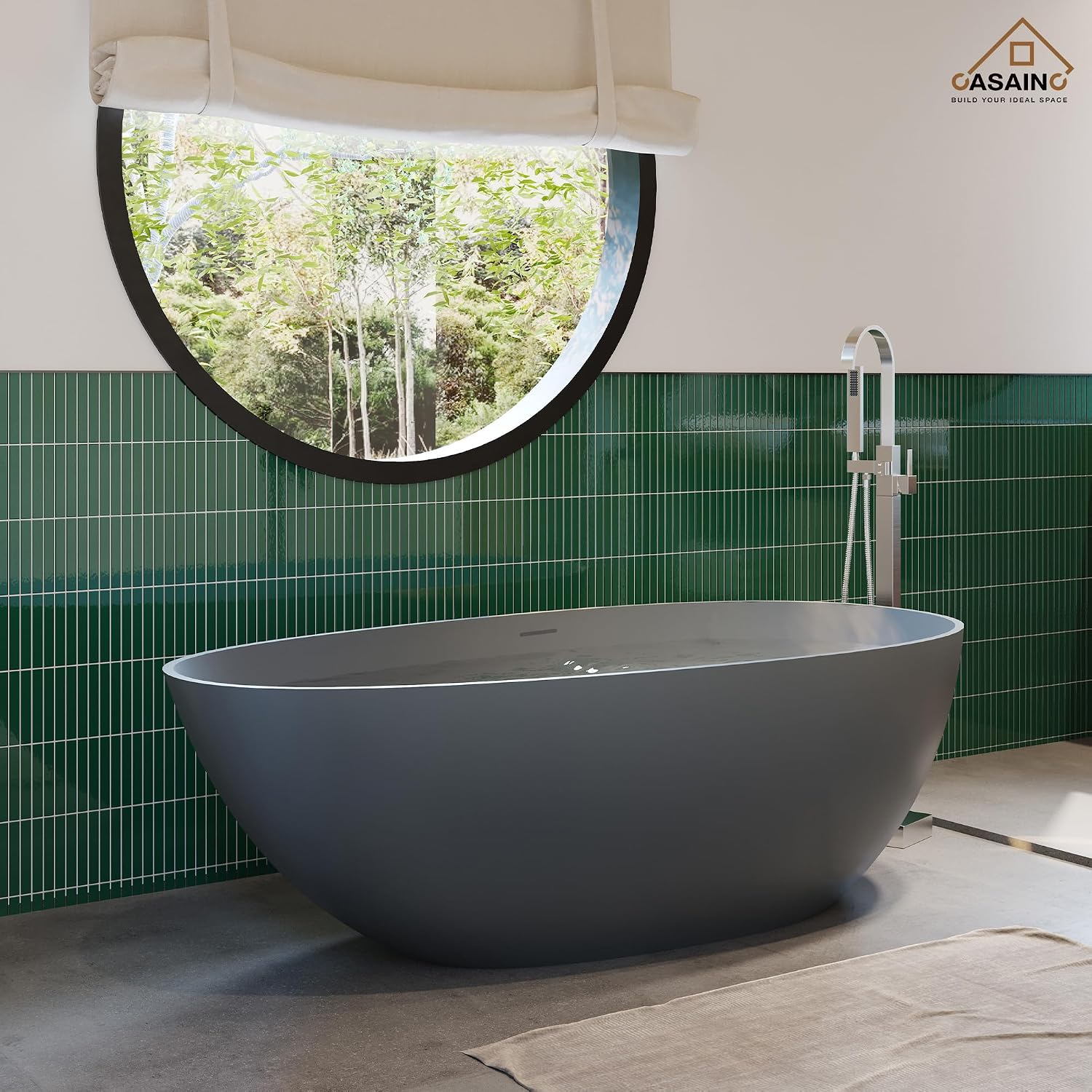 CASAINC 59' Solid Surface Freestanding Bathtub Egg-Shaped Stone Resin Freestanding Tub Matte Grey Stand-Alone Tub with Drain, Drain Hose & Sanding Paper
