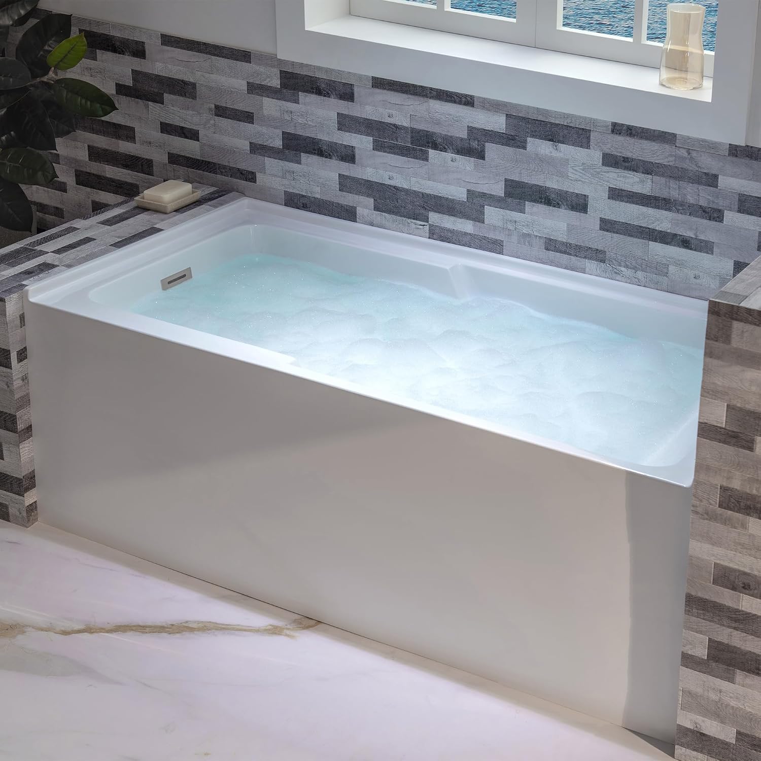WOODBRIDGE 54' Acrylic Rectangular Alcove Soaking Bathtub in White with Left Drain, Chrome pop-UP Drain Included BA5430L