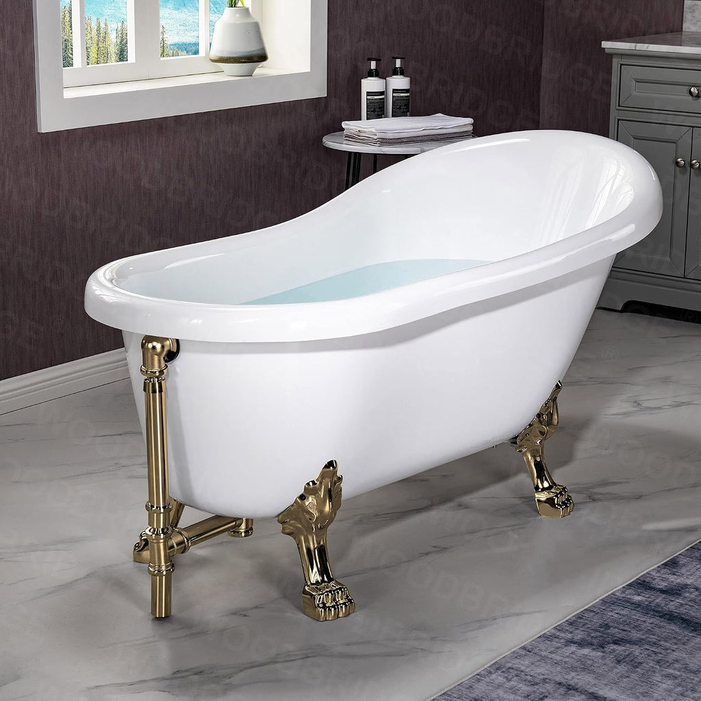 WOODBRIDGE 59' Heavy Duty Acrylic Slipper Clawfoot Bath Tub with Polished Gold Feet + Polished Gold Drain &Overflow