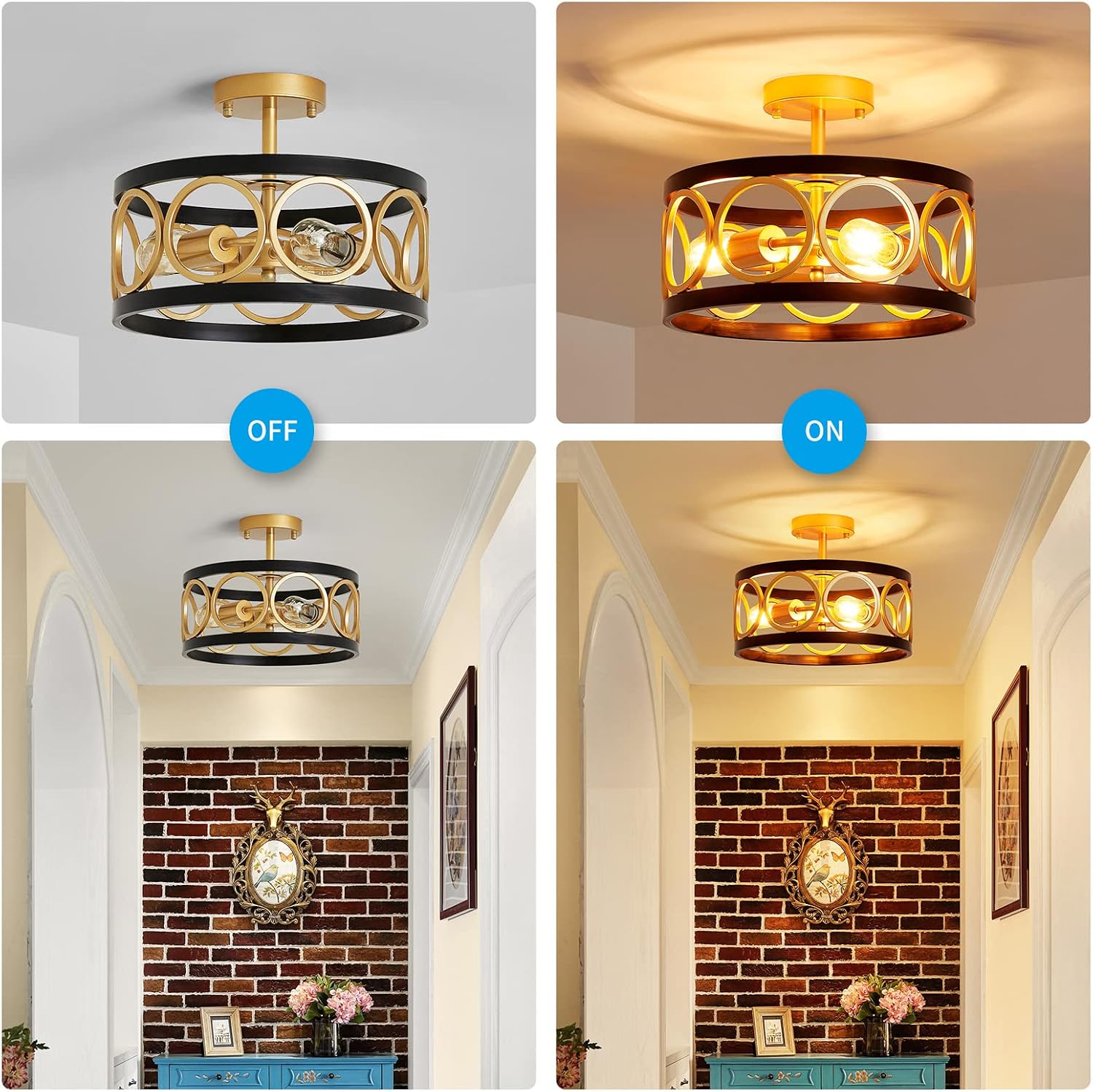 XINGQI 13' Modern Semi Flush Mount Ceiling Light Fixture, Black and Gold Drum Chandelier with Metal Shade Farmhouse Round Ceiling Lamp for Living Dining Room Bedroom