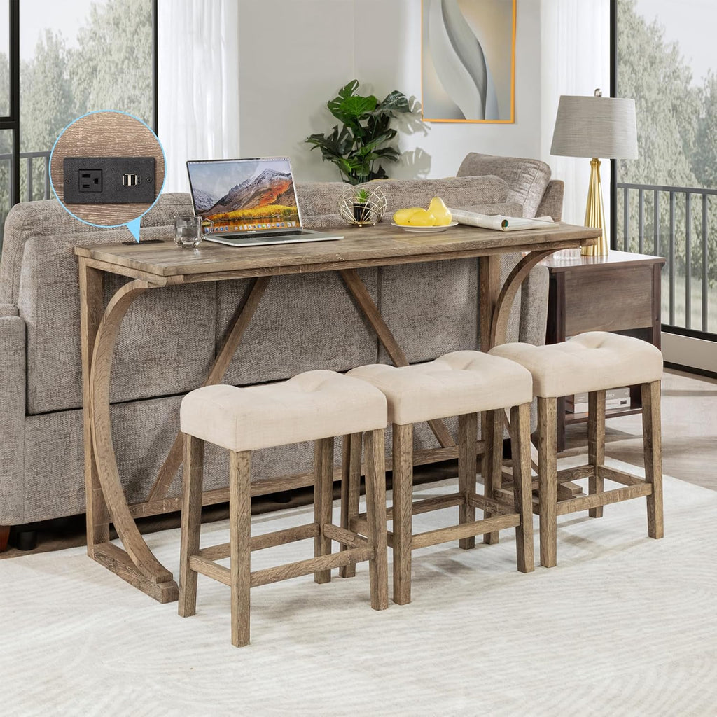 Polibi 4-Piece Farmhouse Counter Height Dining Set,Bar Table and Chairs Set,Bar Table with Power Outlet and 3 Padded Saddle Seat Stools for Living Room,Dining Room,Game Room,Brown