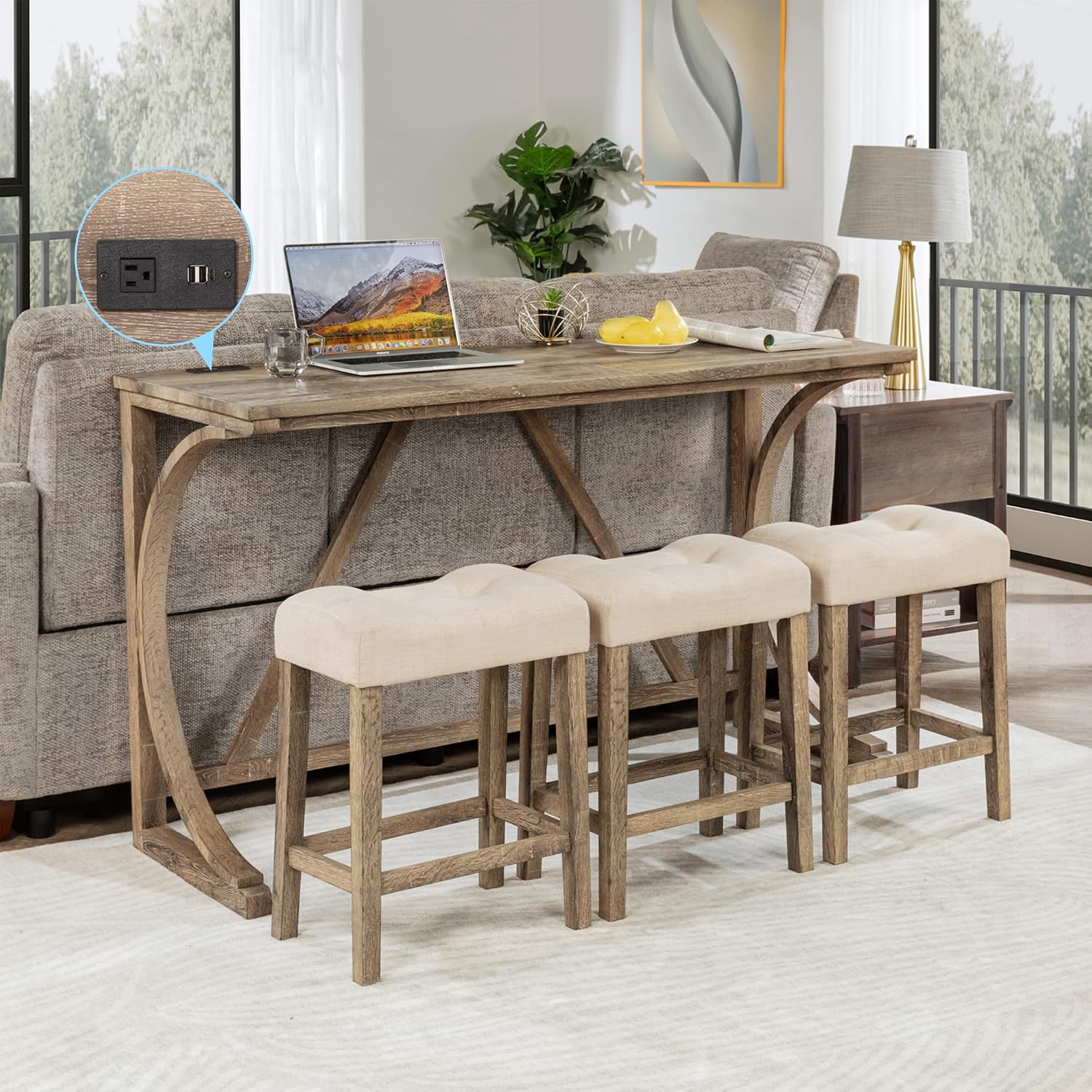 Polibi 4-Piece Farmhouse Counter Height Dining Set,Bar Table and Chairs Set,Bar Table with Power Outlet and 3 Padded Saddle Seat Stools for Living Room,Dining Room,Game Room,Brown