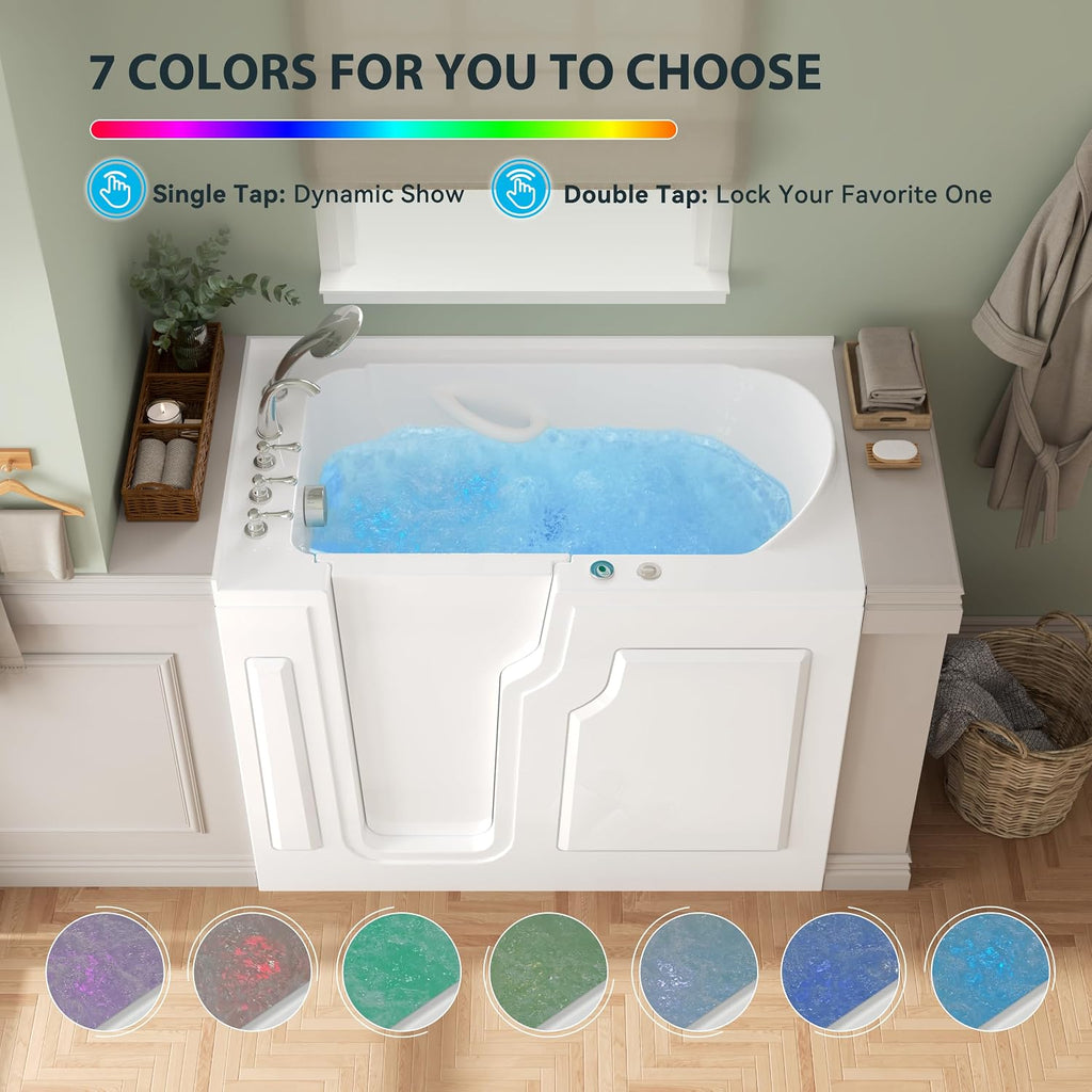 FerdY Floridian 55' x 33' Walk-in Whirlpool Bathtub with 16 Air Water SPA Jets and Left-Side Door Opening and Quick Fill and Drain System, Rectangular Soaking Jetted Bath Tub in White with LED Lights