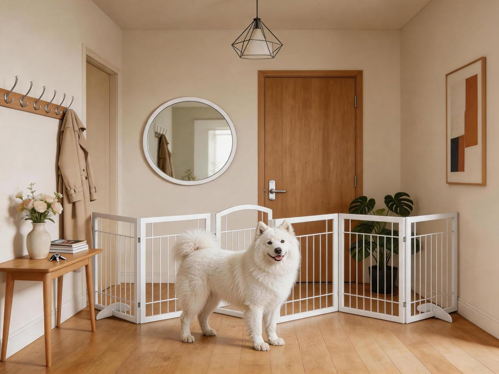 Vantas Folding Pet Gate 144' Wide, 30' Tall No-Assembly Metal Dog Gate with Door Walk Through, Freestanding Wire Pet Puppy Safety Fence, with 2PCS Support - White