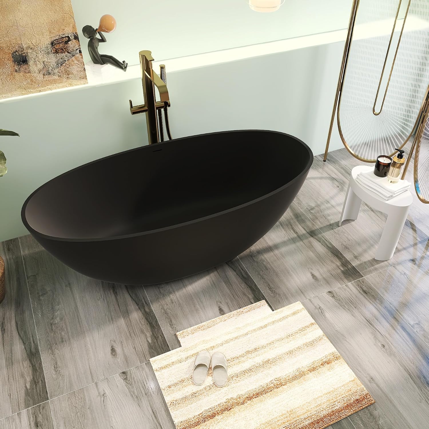 65' Premium Matte Black Solid Surface Freestanding Bath Tub, Oval Stone Resin Tub with Overflow and Pop-up Drain