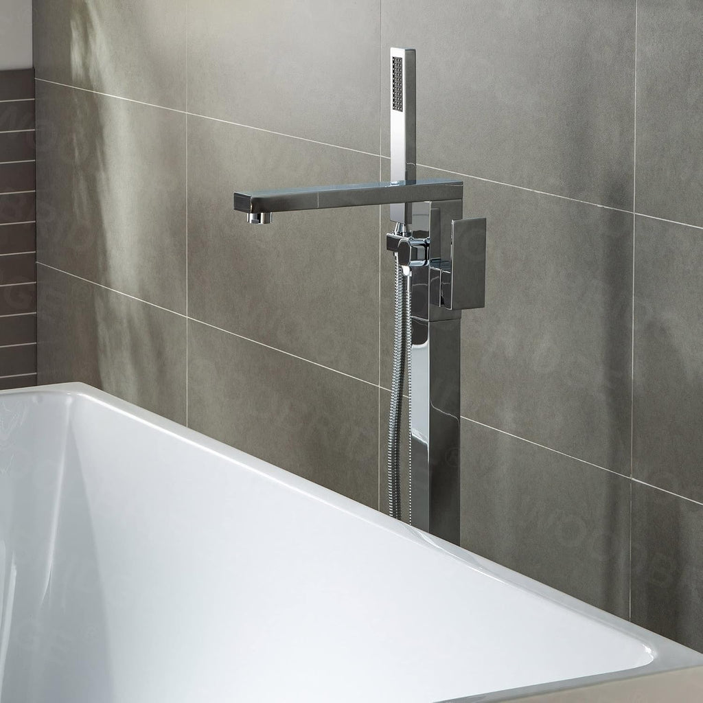 WOODBRIDGE Contemporary Single Handle Floor Mount Freestanding Tub Filler Faucet with Hand shower in Chrome Finish, F0004CHN