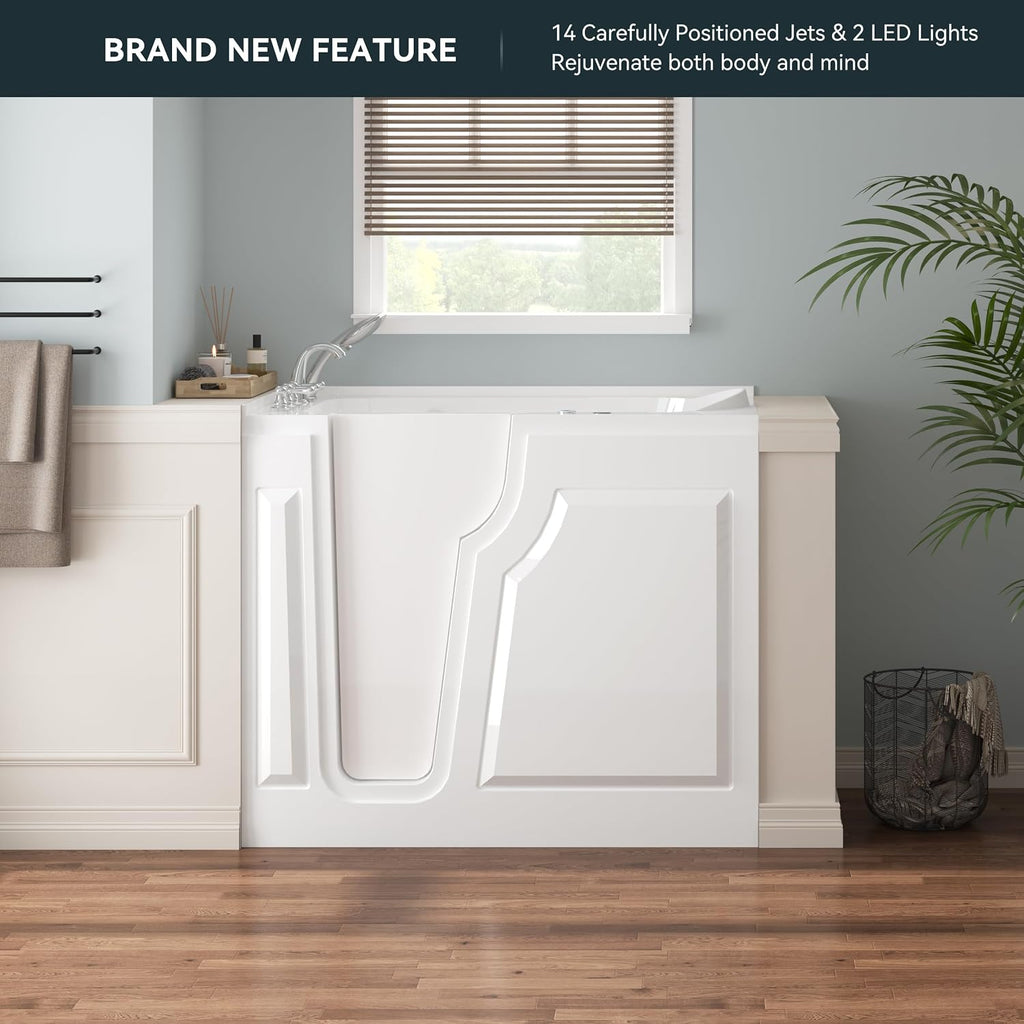 FerdY Floridian 52'x 30' Walk-in Whirlpool Bathtub with 14 Air Water SPA Jets and Left-Side Door Opening and Quick Fill and Drain System, Rectangular Soaking Bathtub in White