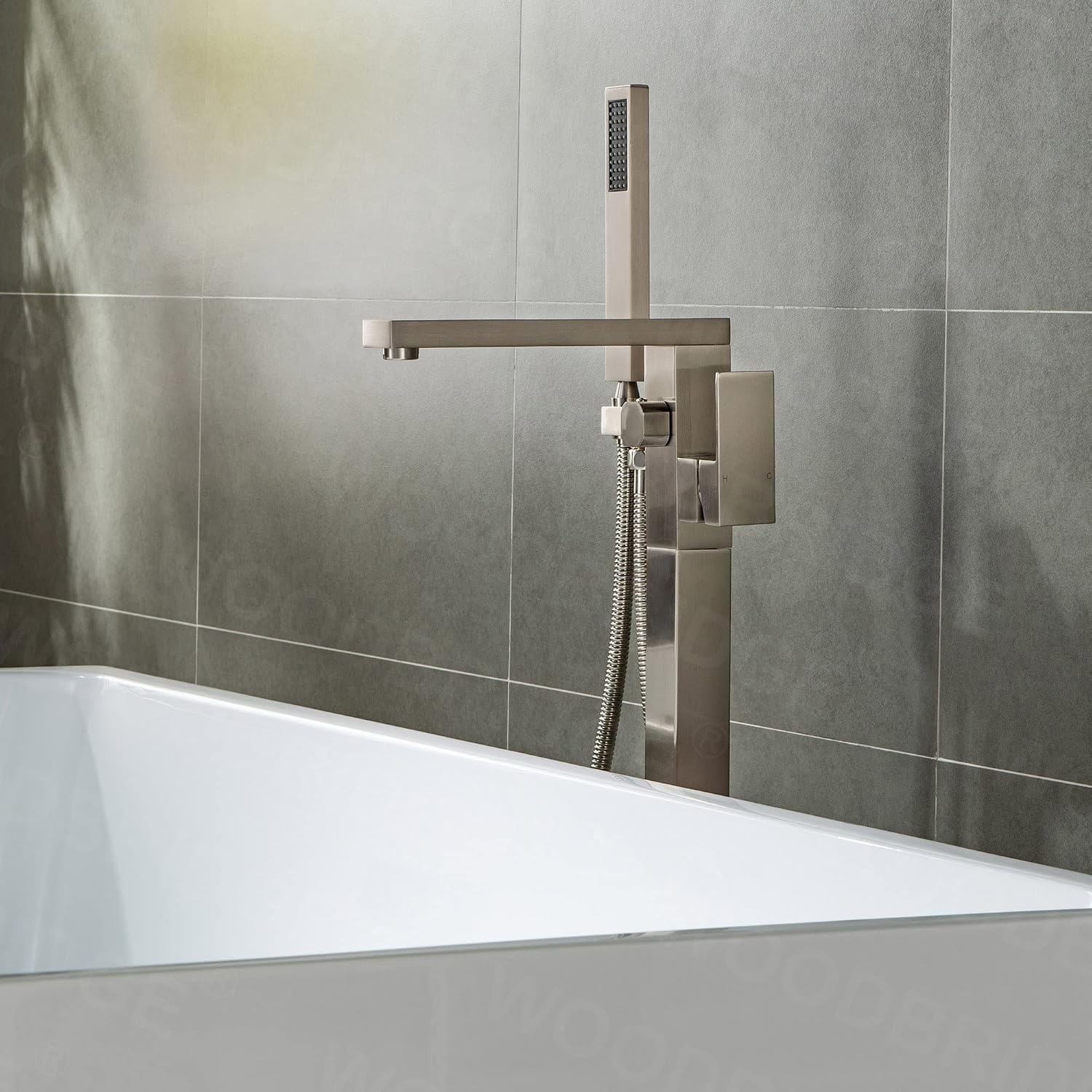 Woodbridge Brushed Nickel Freestanding Tub Filler Single Handle Floor Mounted Faucets with Handheld Shower. Square Design