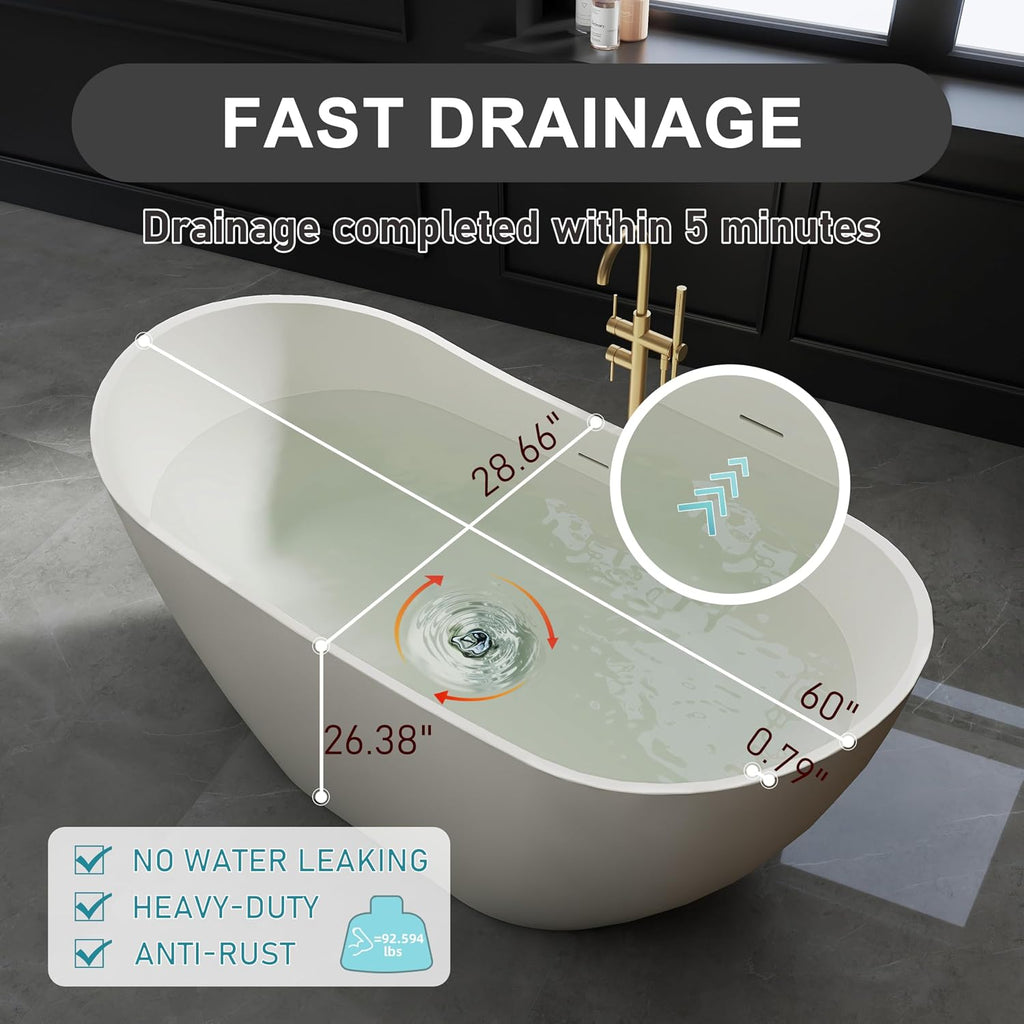 60' Acrylic Freestanding Bathtub, cUPC Certified Free Standing Tub, Soaking Tubs for Bathroom, Stand Alone Tub with Integrated Overflow and Drain