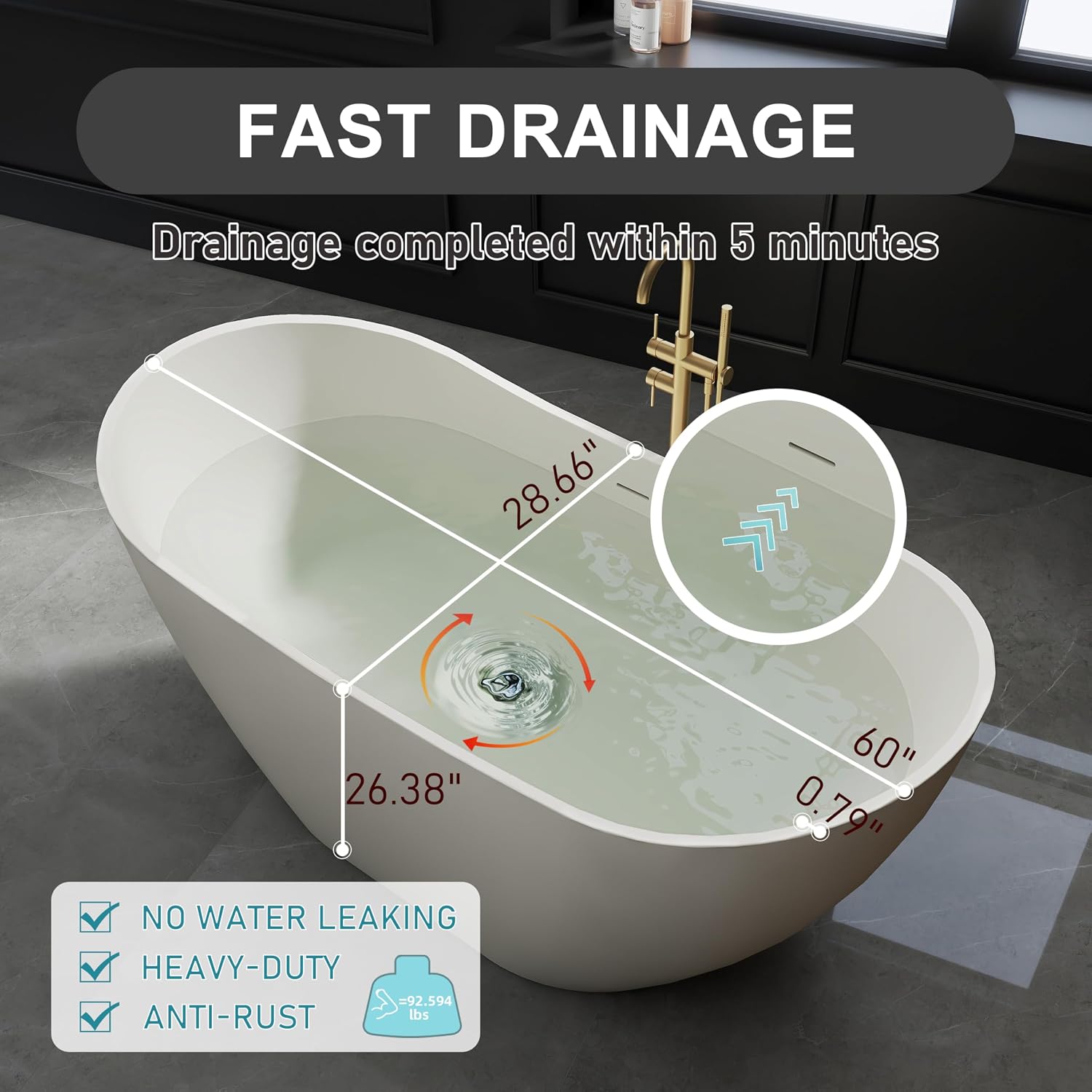 60' Acrylic Freestanding Bathtub, cUPC Certified Free Standing Tub, Soaking Tubs for Bathroom, Stand Alone Tub with Integrated Overflow and Drain