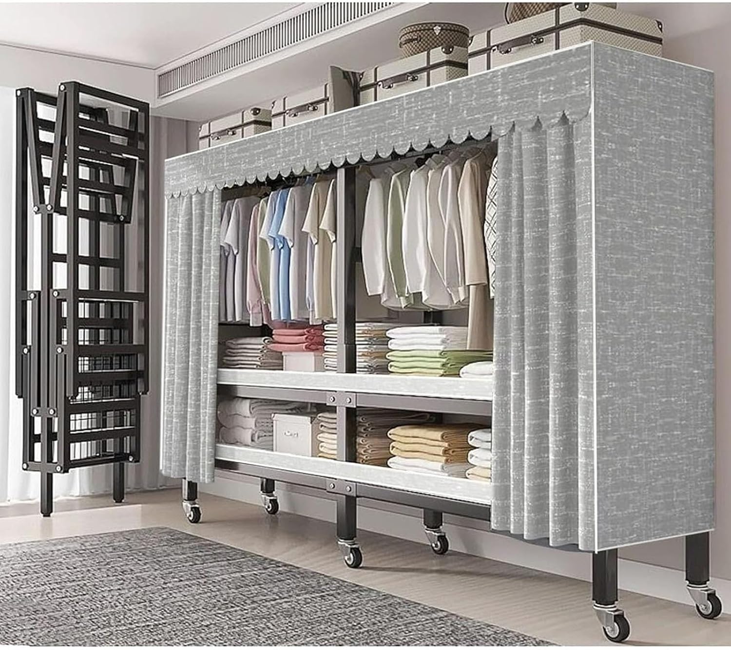 Metal Mobile Clothes Drying Rack - Fabric Wardrobe Closet, With Cover And Wheels Collapsible Clothes Rack, Heavy Duty Portable Wardrobe Closet, For Hanging Clothes Coat Storage Organizer(180*52*180cm)