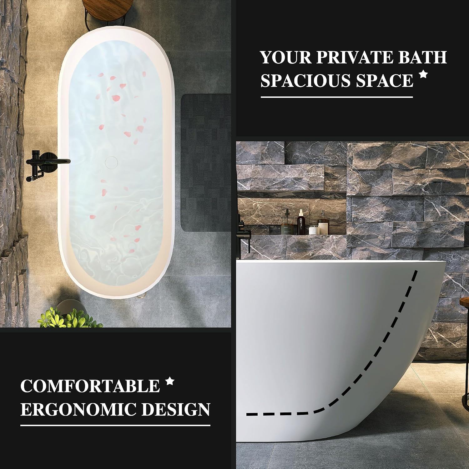 68' Resin Stone Freestanding Bathtub, Oval Solid Surface Freestanding Tub, Stand Alone Tub, Integrated Slotted Overflow and Pop-up Drain, Matte White