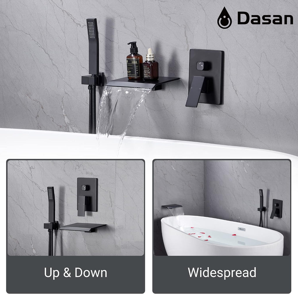 Upgraded Wall Mount Tub Filler Faucet with Handheld Shower, DASAN Modern Wall Mounted Bathtub Faucet Matte Black High Flow Waterfall Tub Faucet with Rough in Valve, SA-TF04WH-MB