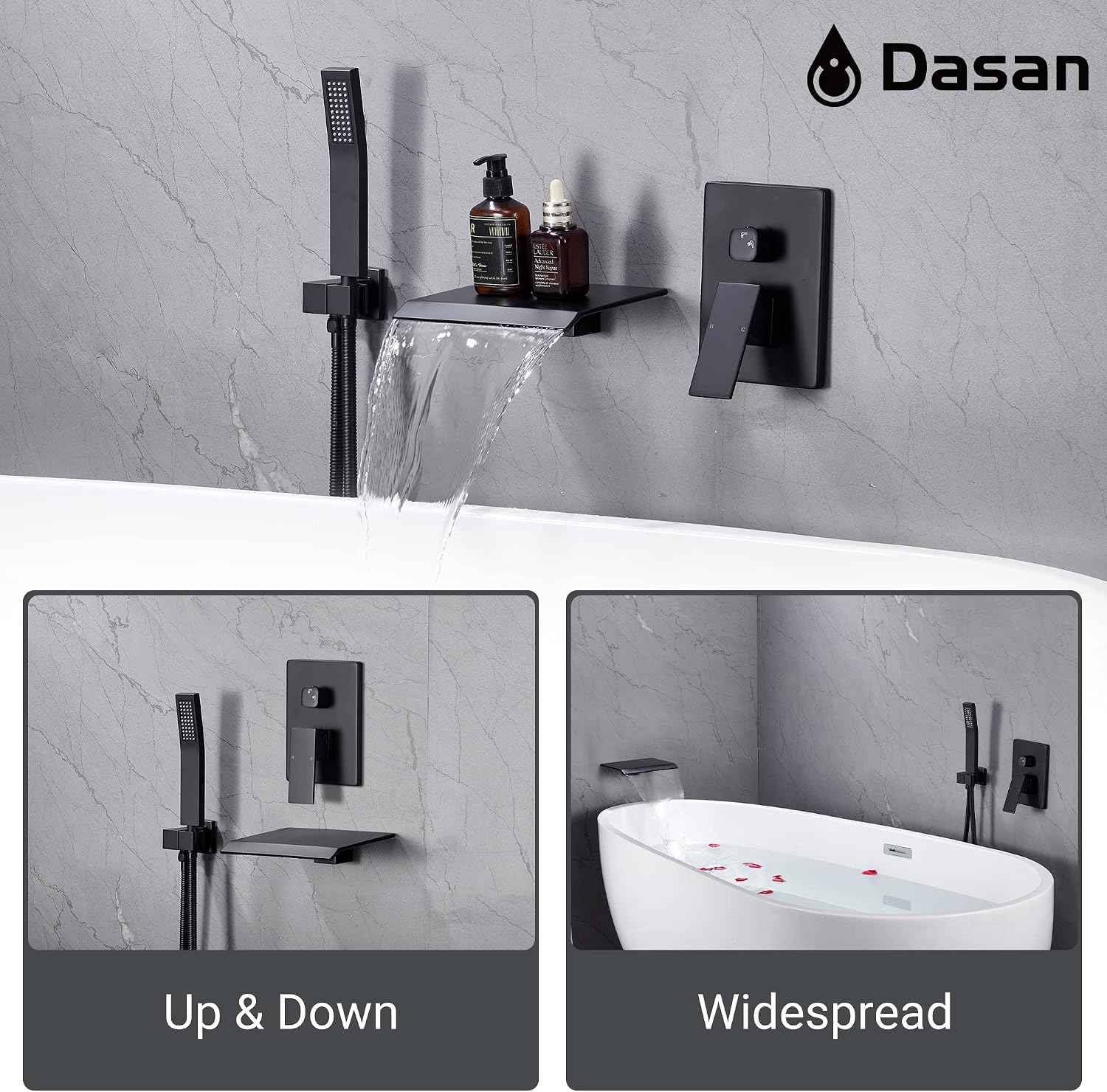 Upgraded Wall Mount Tub Filler Faucet with Handheld Shower, DASAN Modern Wall Mounted Bathtub Faucet Matte Black High Flow Waterfall Tub Faucet with Rough in Valve, SA-TF04WH-MB