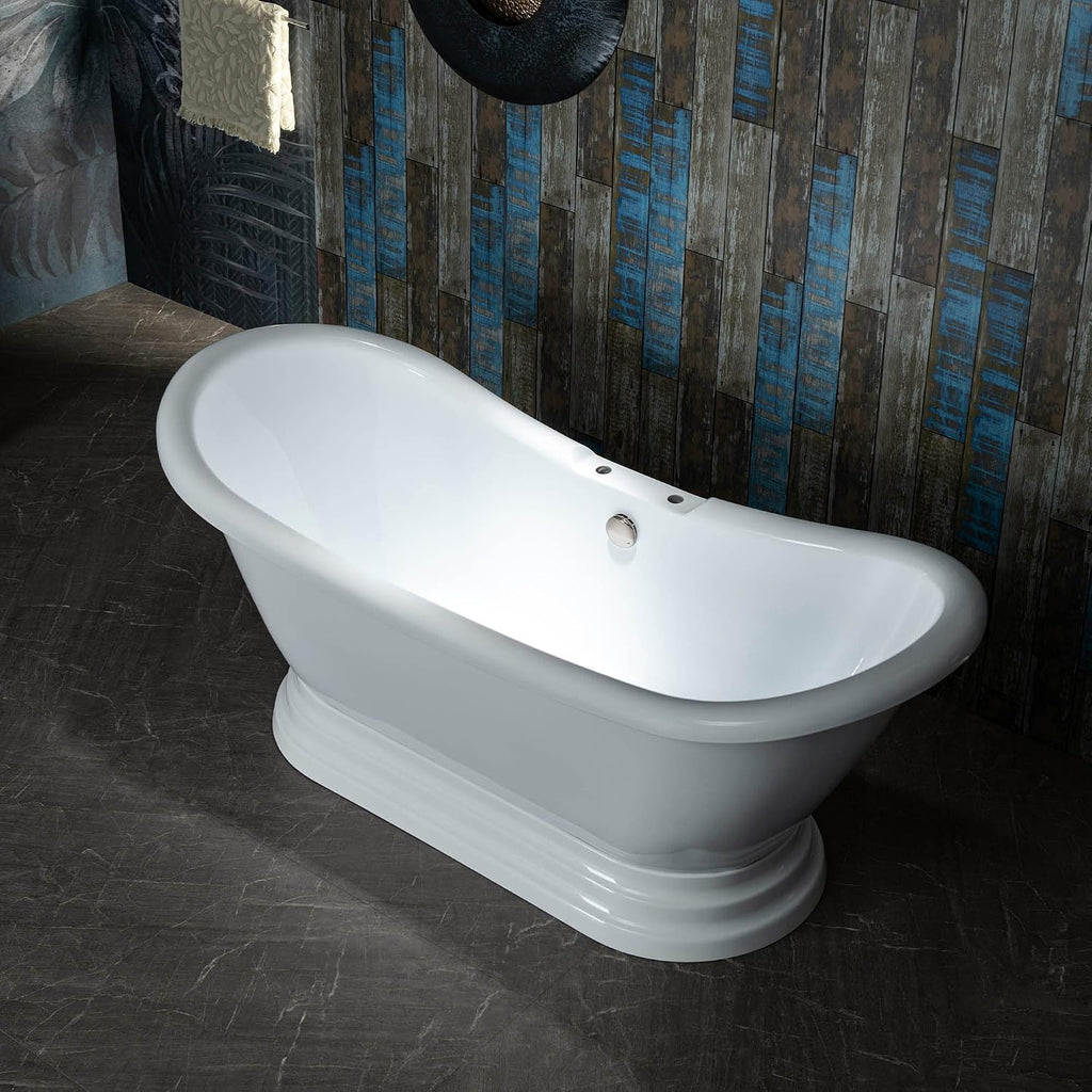 WOODBRIDGE 69 1/4' Acrylic Freestanding Bathtub Contemporary Soaking Tub, White Acrylic,Brushed Nickel Drain/Overflow