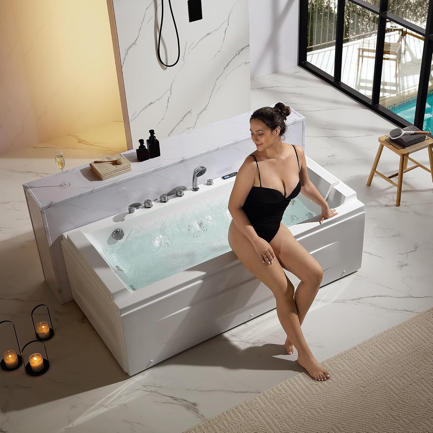 Empava Acrylic Whirlpool Bathtub, 71-Inch Jetted Bathtub with Healing Chromotherapy, Heated Soaking Tub with LED Control Panel, Comforting Hydro Massage Tub with Waterfall Joy, Black Pillow