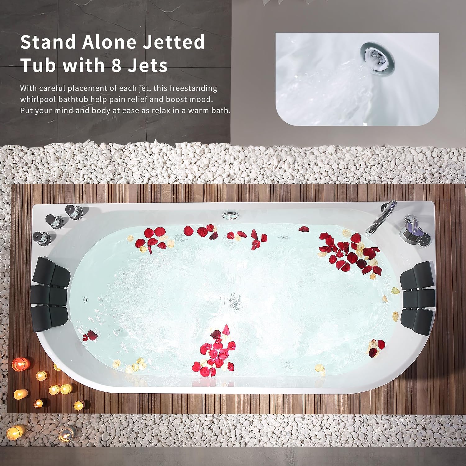 Empava 59-Inch Freestanding Whirlpool Bathtub Oval with 8 Hydromassage Adjustable Water Jets Luxury Acrylic Massage SPA Soaking Bath Tub Double Ended