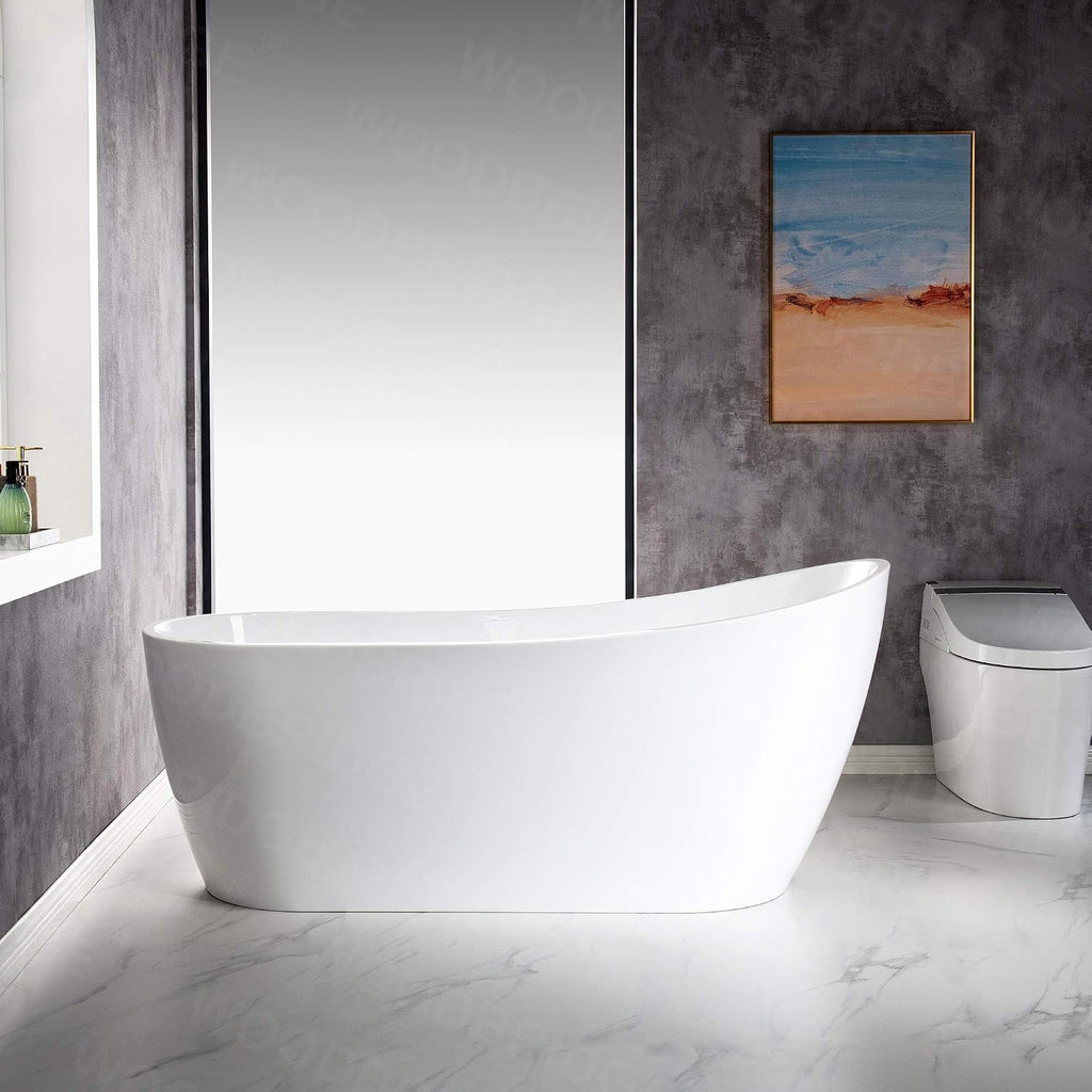 WOODBRIDGE 67'Freestanding White Acylic Soaking Bathtub with Brushed Gold Drain and Overflow,BTA1508 -BG-Drain &O