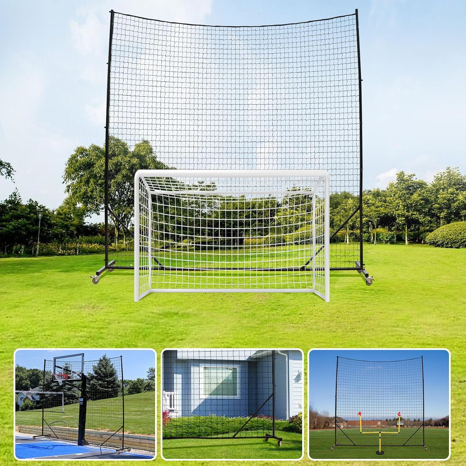 Ball Stop Net System with Wheels Movable Socketed Ball Stop Net Sports Netting Backyard 10FT to 12FT High Backstop Net for Barrier with Post from 10FT to 30FT Wide