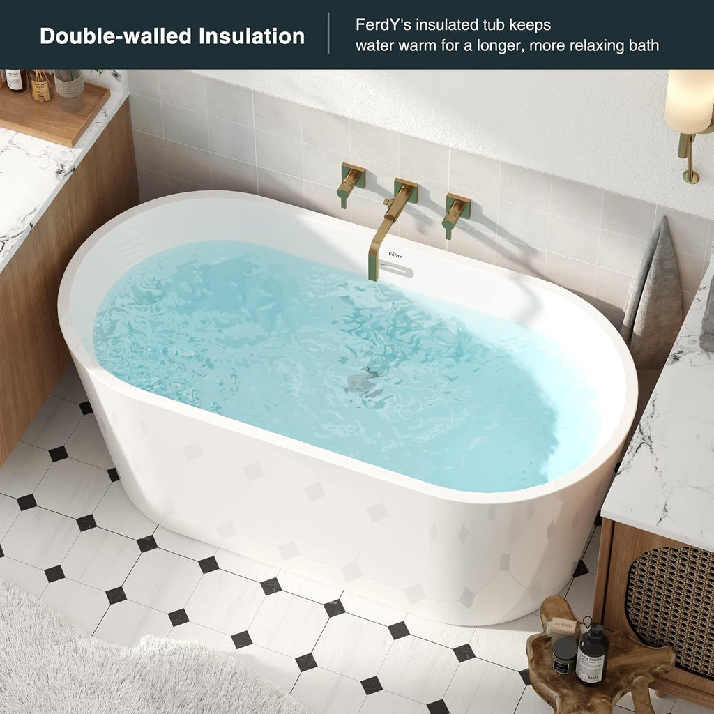FerdY Luzon 55' Acrylic Freestanding Bathtub, Classic Oval Shape Soaking Bathtub with Toe-Tap Chrome Drain & Bath Pillow for Bathtub,Thick Tub Pillows, Breathable 4D Air Mesh