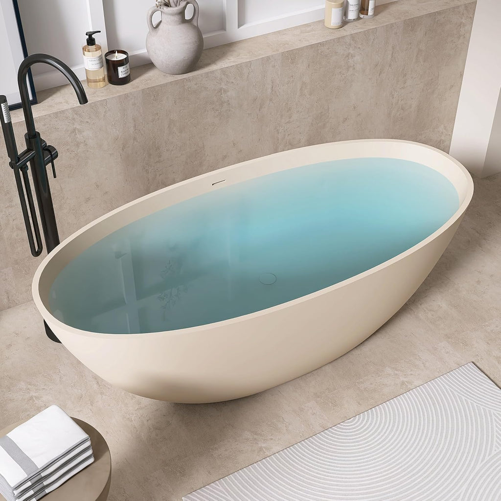 65' Freestanding Bathtub Tubs Resin Stone, Solid Surface Free Standing Tub, Oval Sorker Tub Bathtubs with Overflow and Pop up Drain, Latte Color303-165