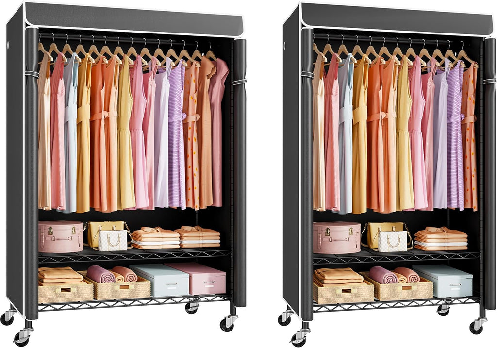 ULIFHOME P6C Plus & P6C Rolling Clothes Rack with Cover, Covered Clothing Rack Heavy Duty, Portable Closet for Hanging Clothes, Garment Rack on Wheels, Black Closet Rack with Black Cover