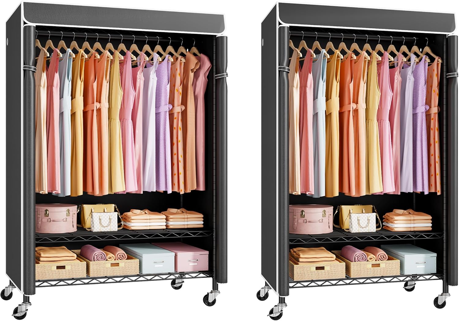ULIFHOME P6C Plus & P6C Rolling Clothes Rack with Cover, Covered Clothing Rack Heavy Duty, Portable Closet for Hanging Clothes, Garment Rack on Wheels, Black Closet Rack with Black Cover