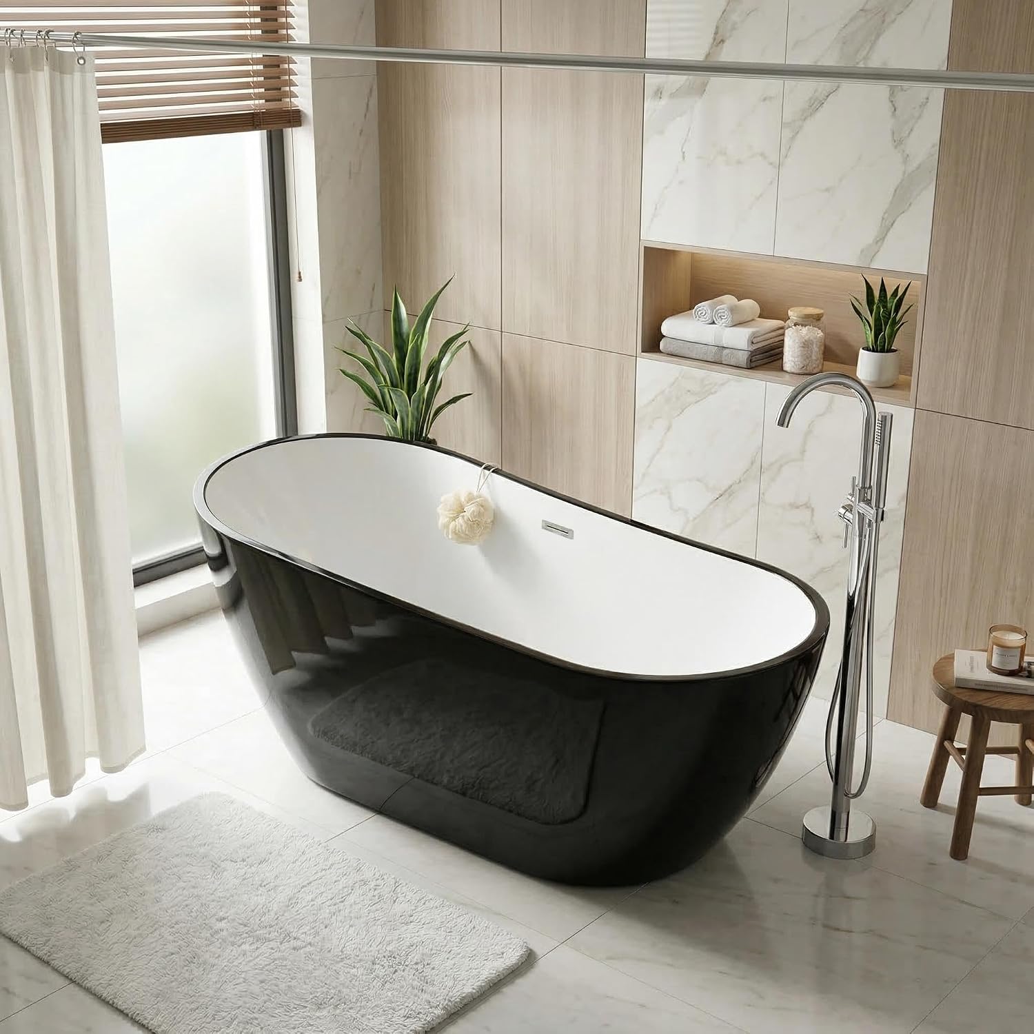 Acrylic Freestanding Bathtub, 67 Inch Deep Soaking Tub, One End Raised, White Interior Black Exterior, Chrome Pop-Up Drain, Overflow, Modern Acrylic Stand Alone Tub for Home, Bathroom