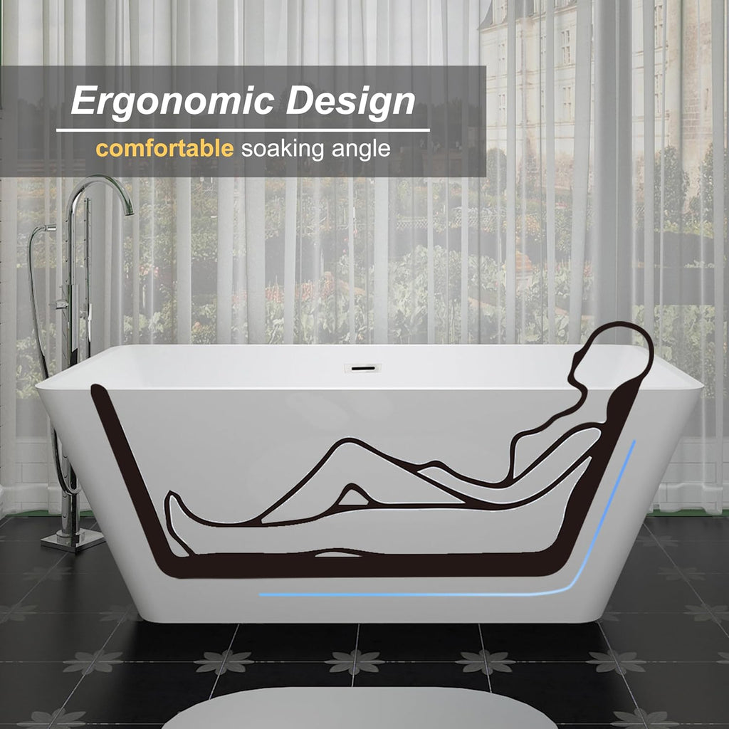 55 inch Square Free Standing Soaking Bathtub, Contemporary Stand Alone Freestanding Acrylic Tub with Center Chrome Drain & Overflow, Glossy White