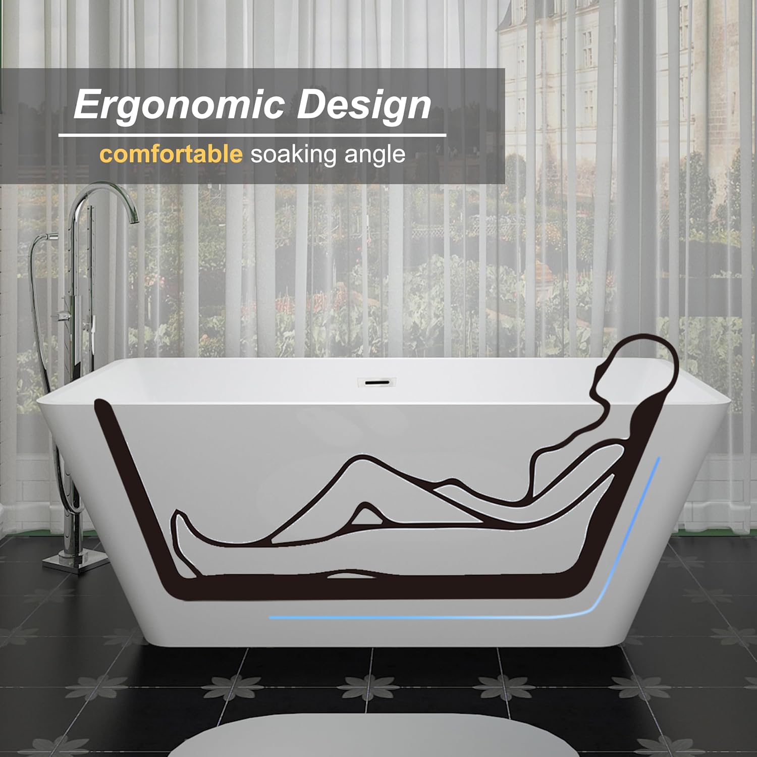 55 inch Square Free Standing Soaking Bathtub, Contemporary Stand Alone Freestanding Acrylic Tub with Center Chrome Drain & Overflow, Glossy White