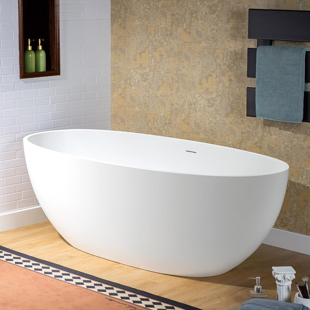 WOODBRIDGE 61' Stone Resin Freestanding Soaking Tub, Modern Oval Solid Surface Bathtub with Integrated Slotted Overflow & Drain, Matte White